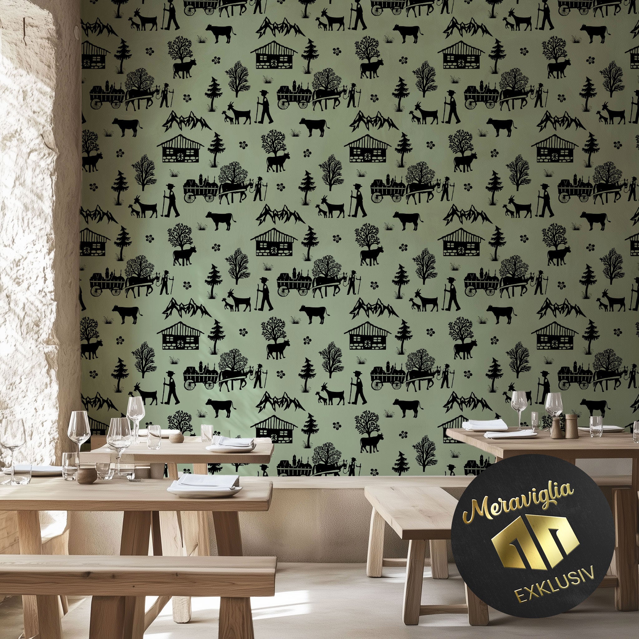 Alpine Geschichten Tapete – Scherenschnitt Alpen Schweiz – Meraviglia DESIGN - Premium Tapeten