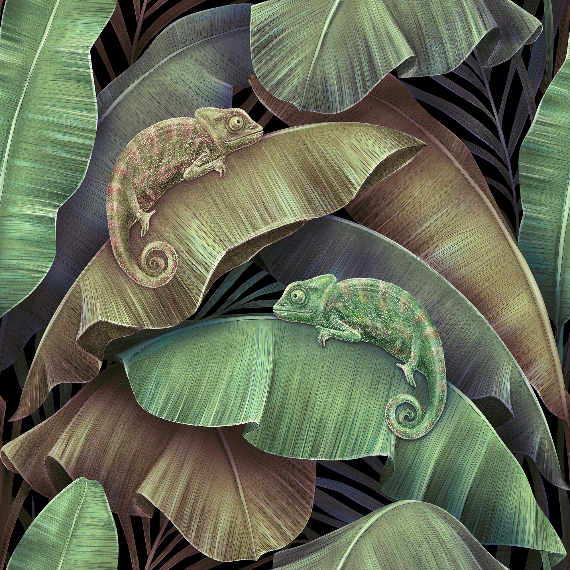 Chamäleon Verde Tapete – Tropisches Blätterdesign mit Chamäleons