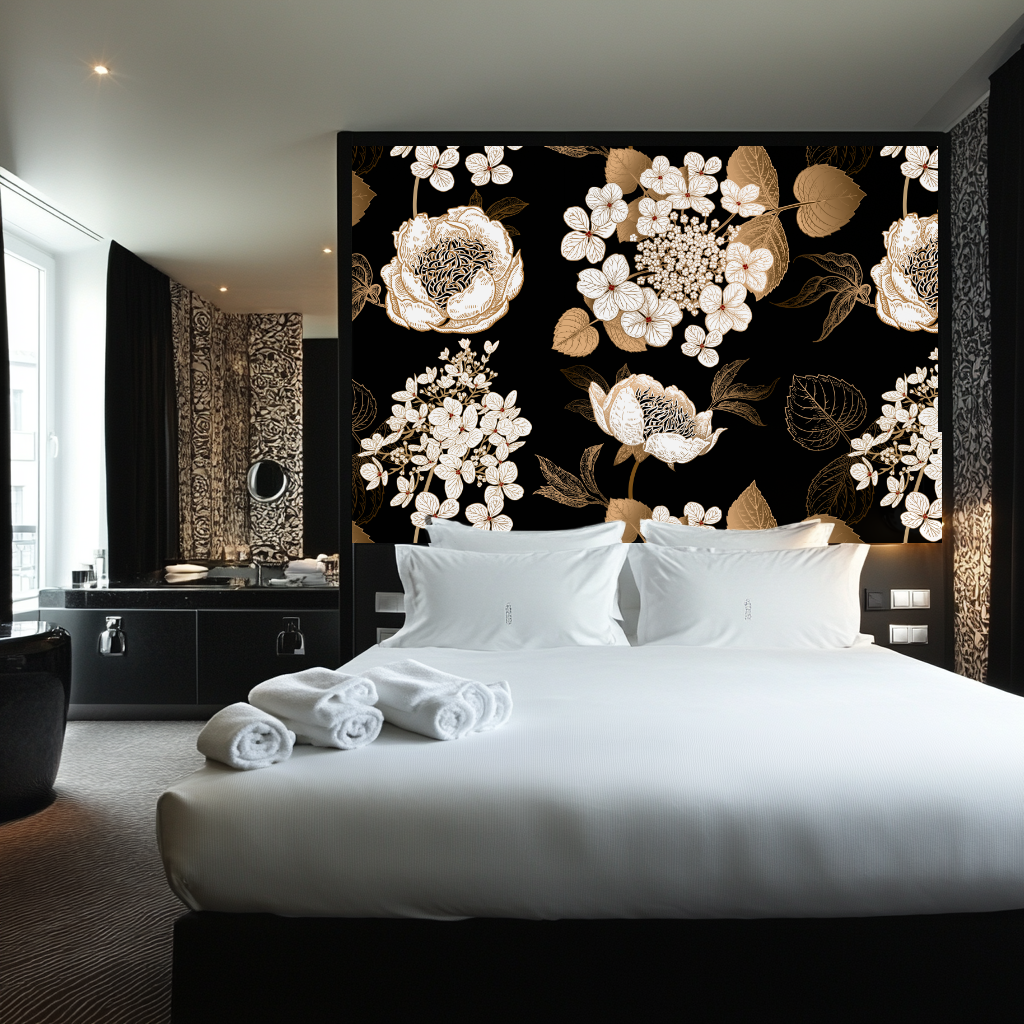 Golden Bloom Noir Tapete schwarze Tapete goldene Blumen Luxus
Hotelzimmer