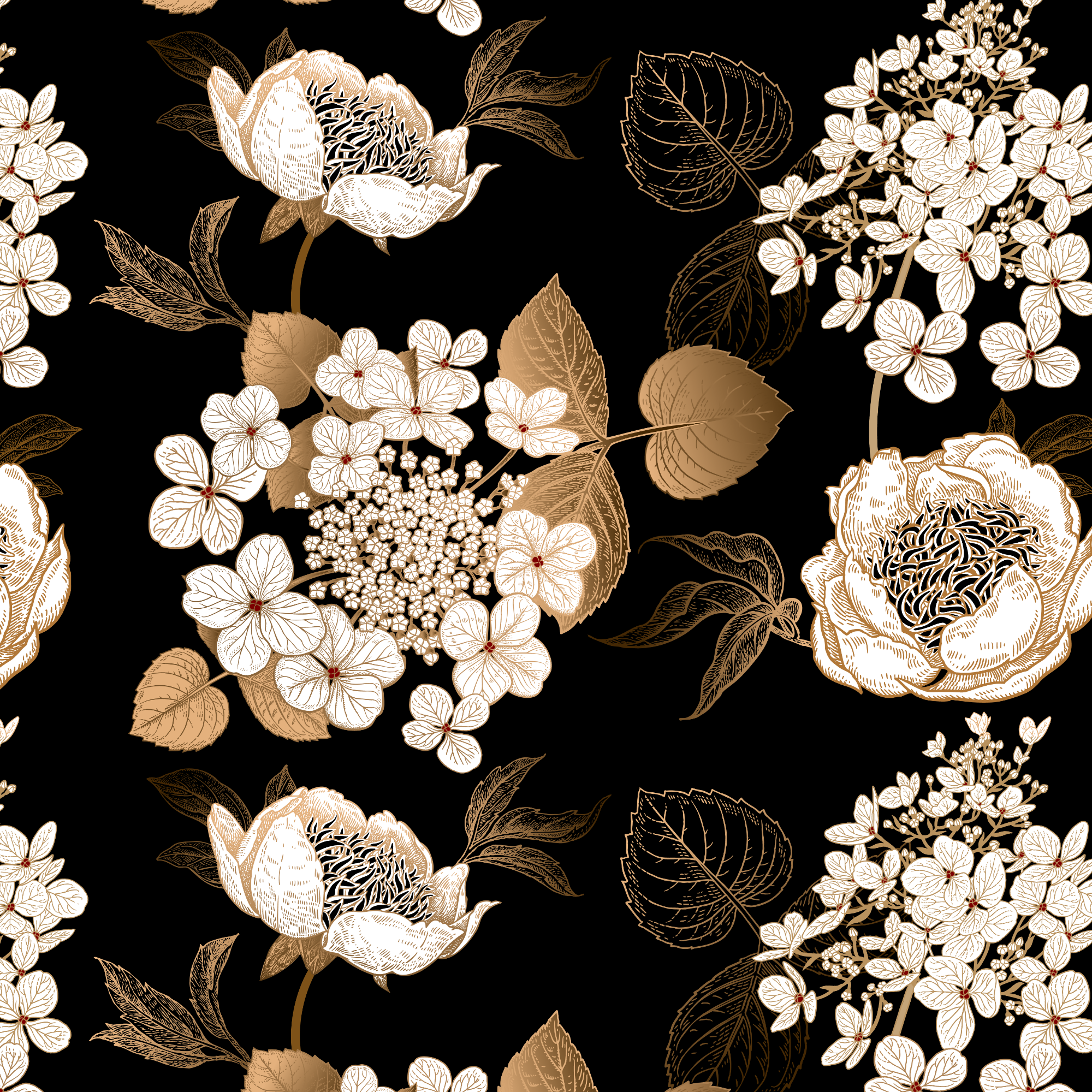 Golden Bloom Noir Tapete Nahaufnahme goldene Blumen Detail schwarz