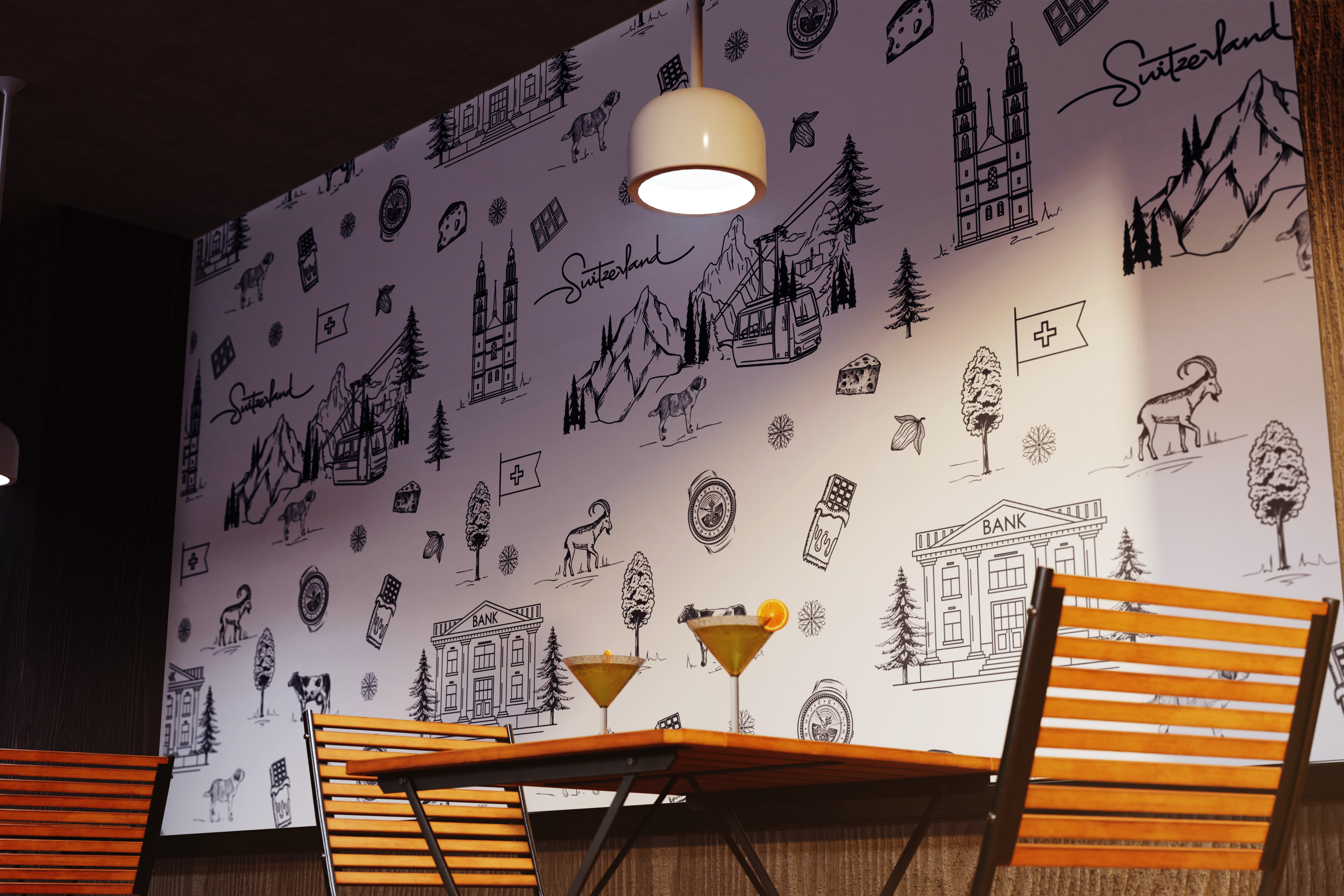 tapete mit schweizer motiven und weissem hintergrund in restaurant