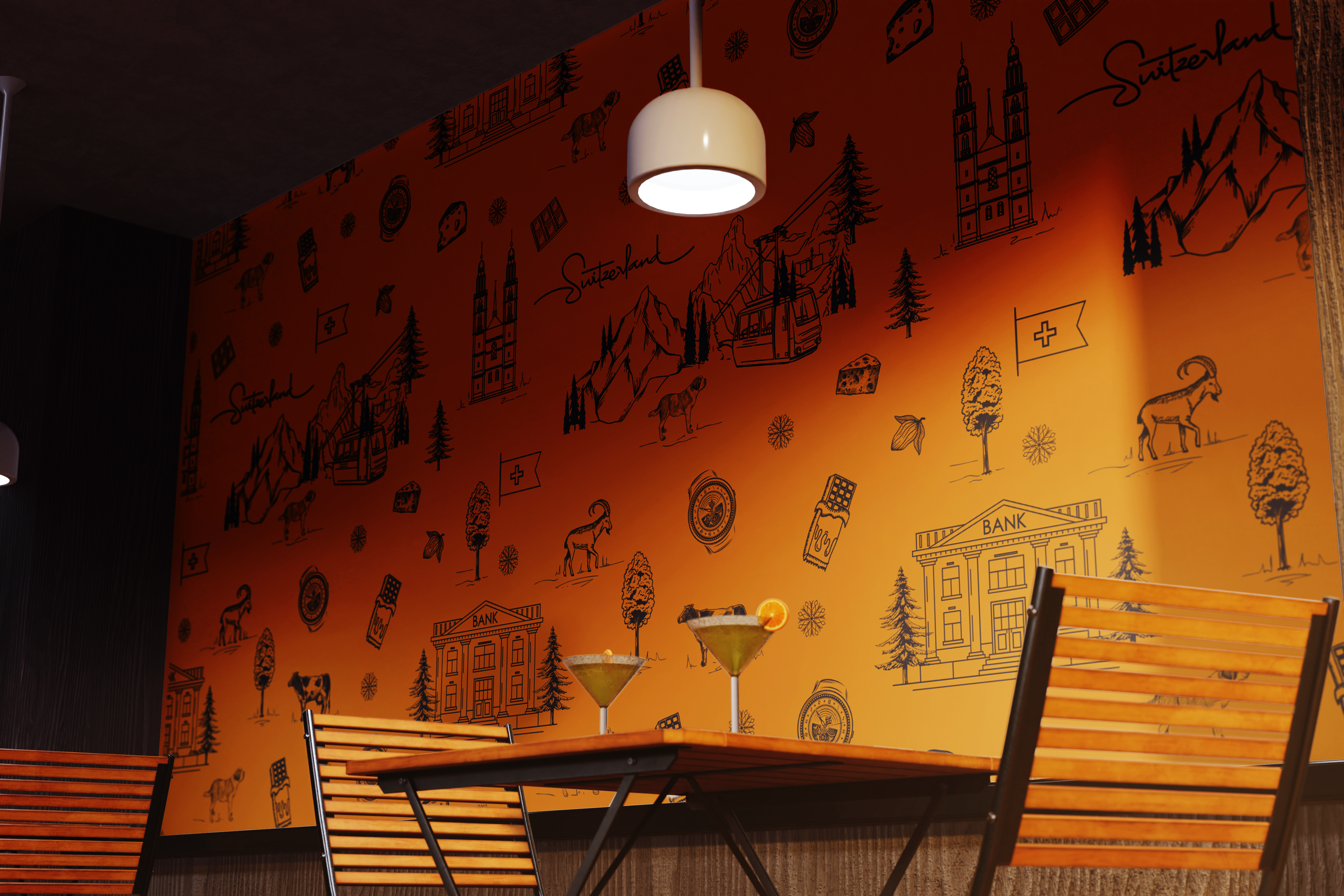 tapete mit schweizer motiven in restaurant