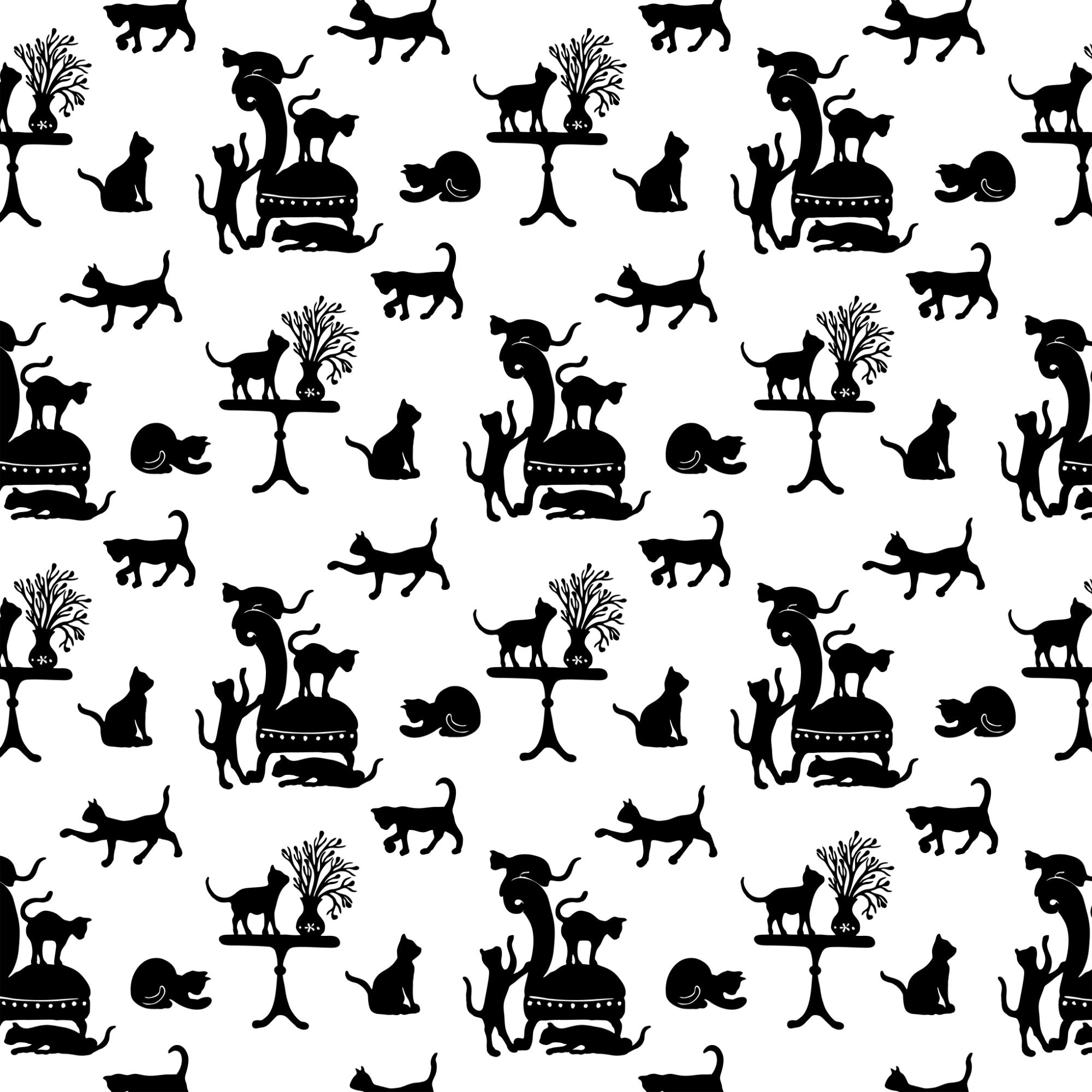 Scherenschnitt-Tapete Samtpfoten mit Katzenmotiven aus der Schweiz mit weissem Hintergrund