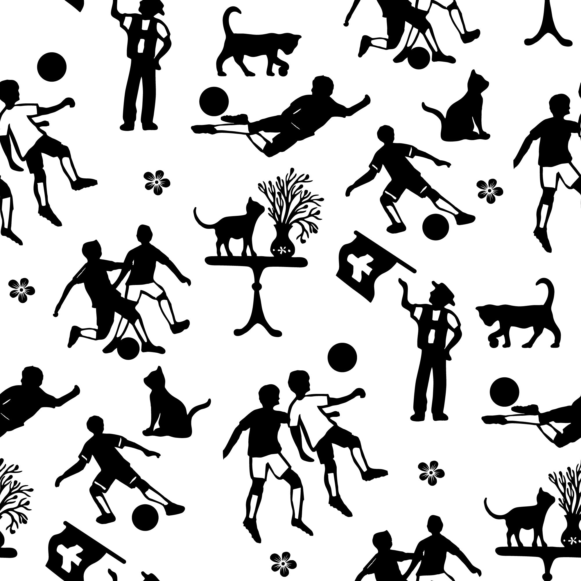 Detailaufnahme der Tapete: Katze, Fussballspieler und Sennen mit Fahne