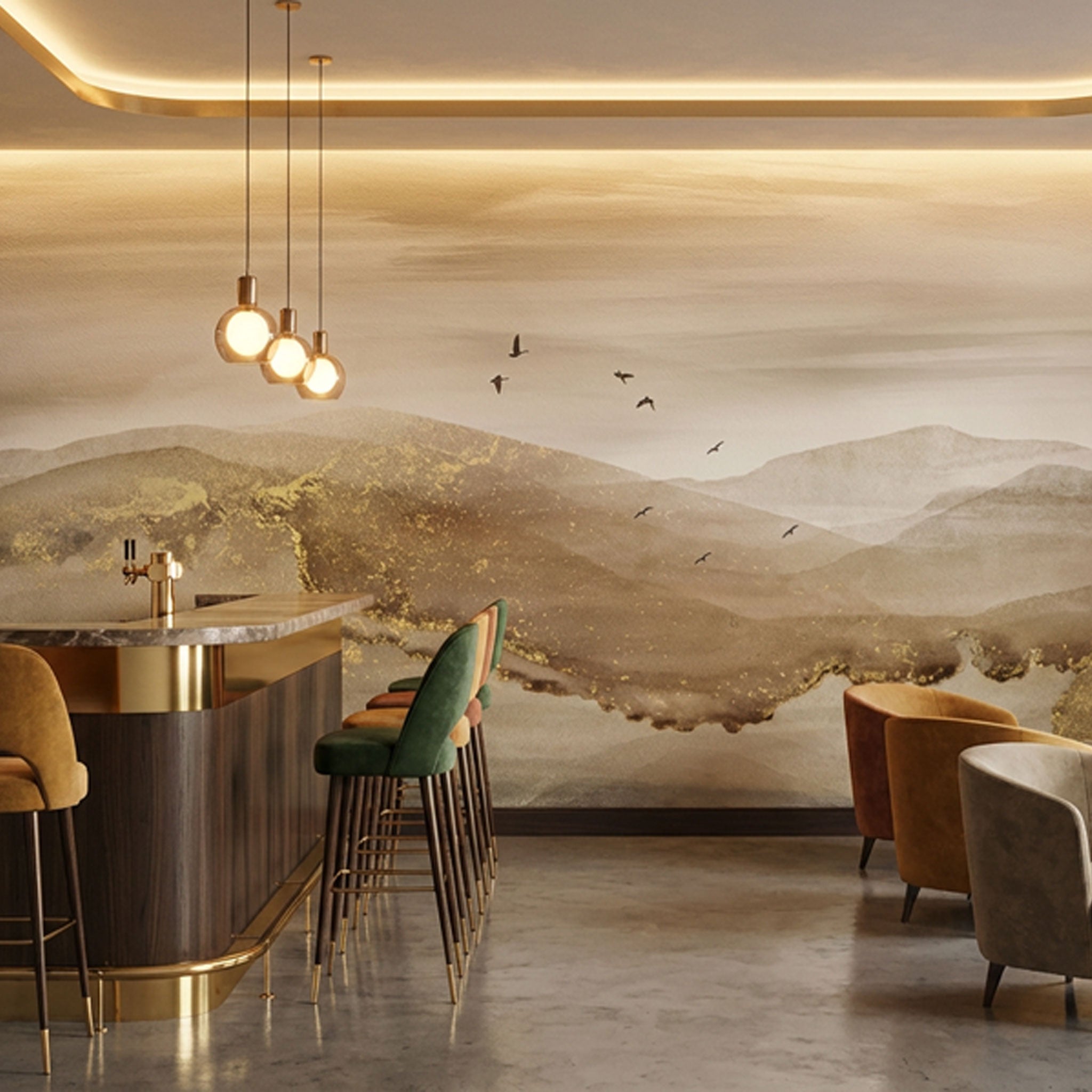 Bar mit Tapete mit berglandschaft in sand- beige-Tönen mit Goldakzenten