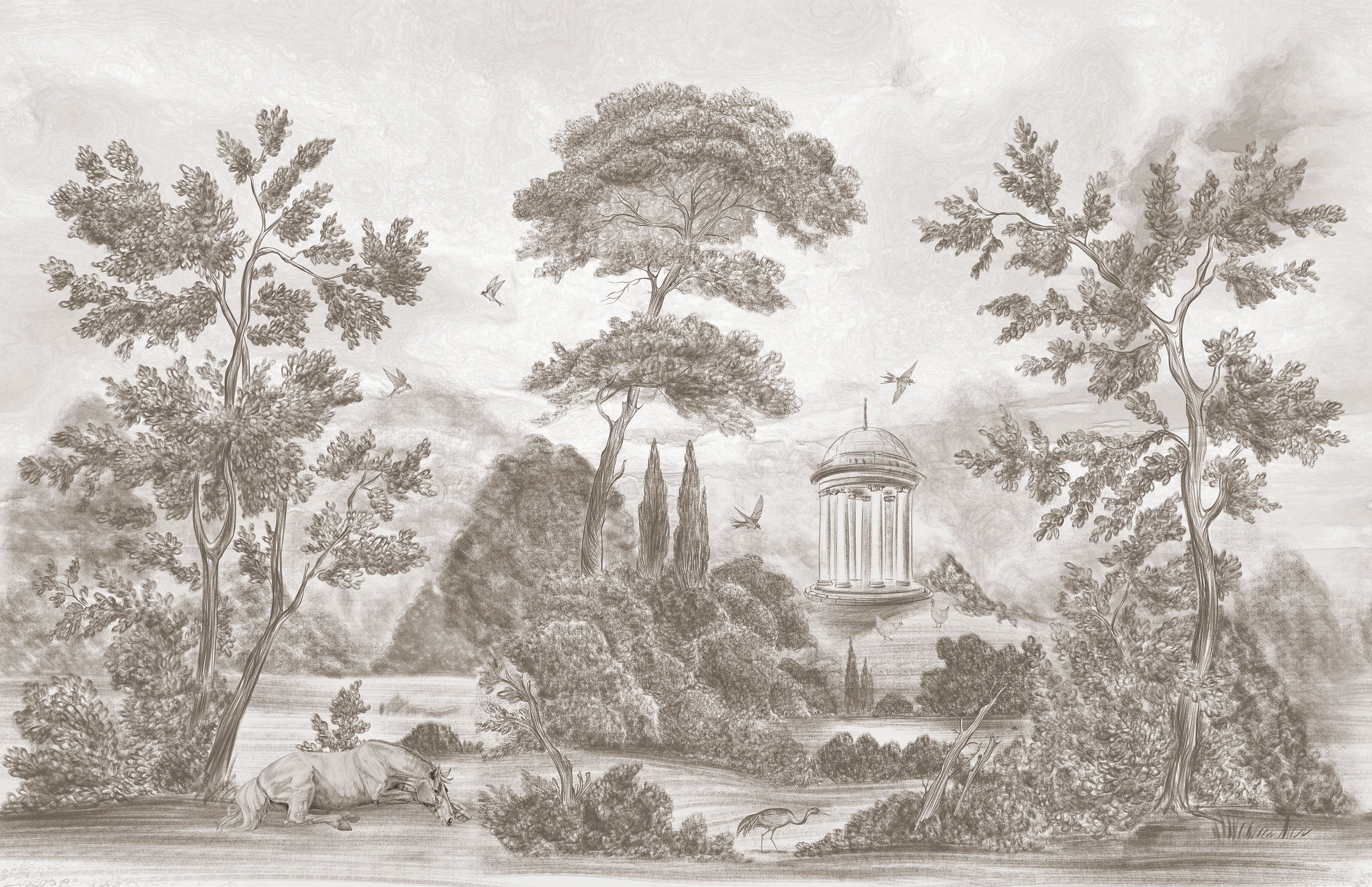 grau-beige Tapete Elysian Grove mit idyllischer Landschaft, einem Pferd und Vögeln, mediterranes Ambiente