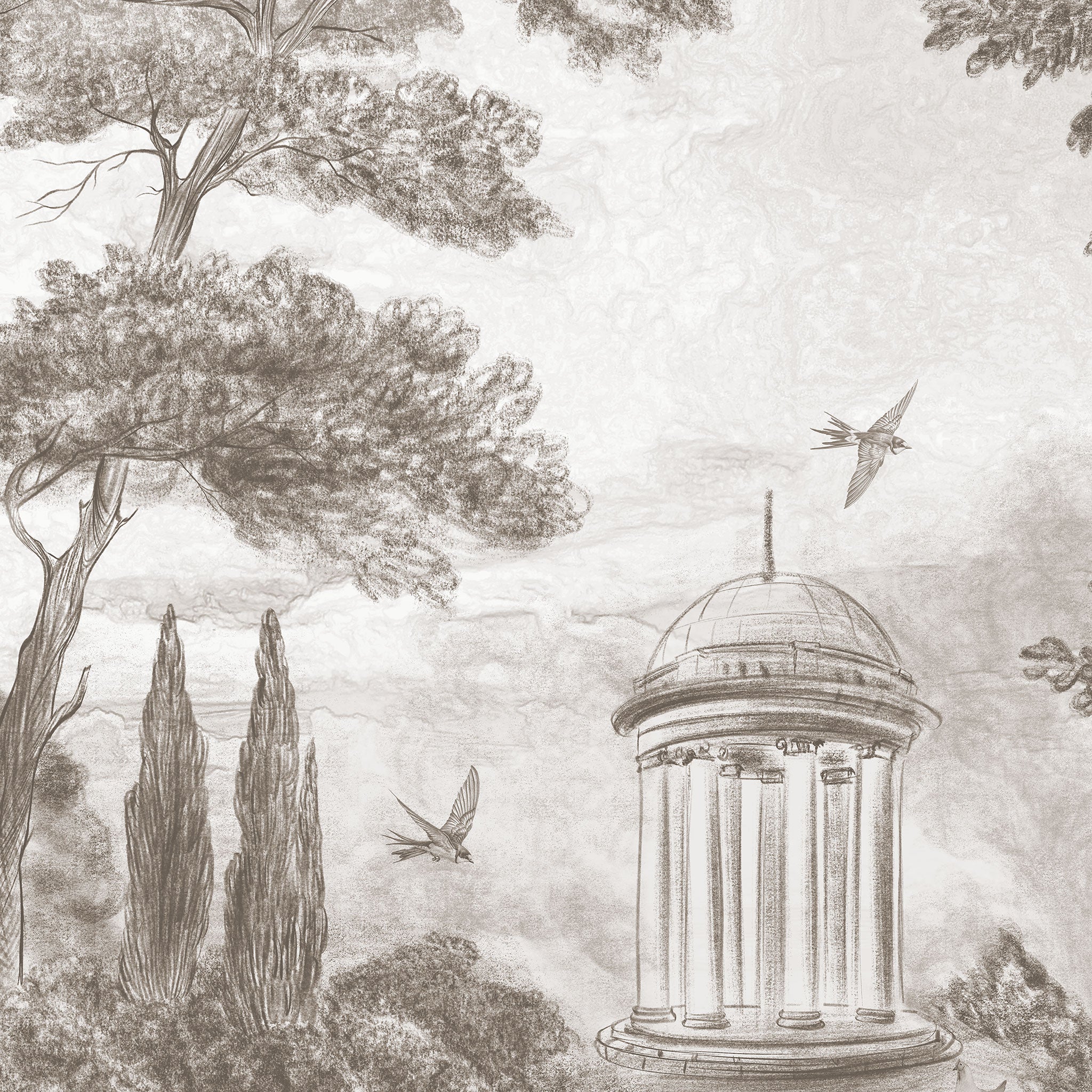grau-beige Tapete mit Detailansicht Pavillon und Vögel in idyllischer Landschaft