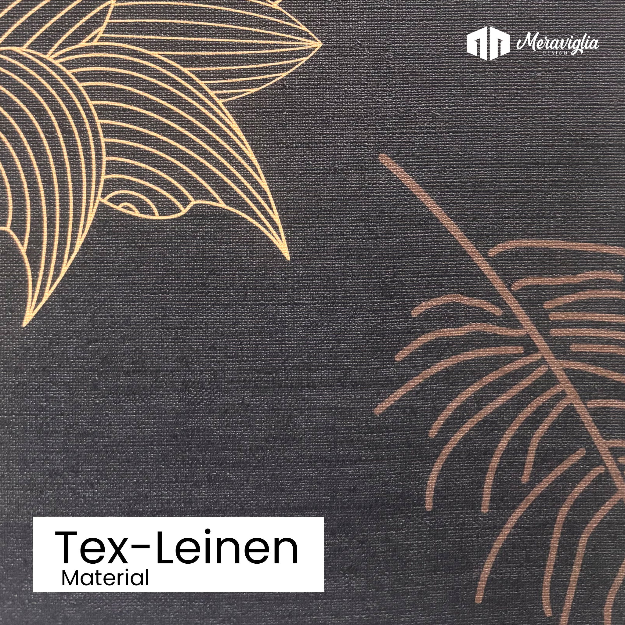 schwarze Tapete mit Blattgrafiken in Gold-Brauntönen auf Tex-Leinen