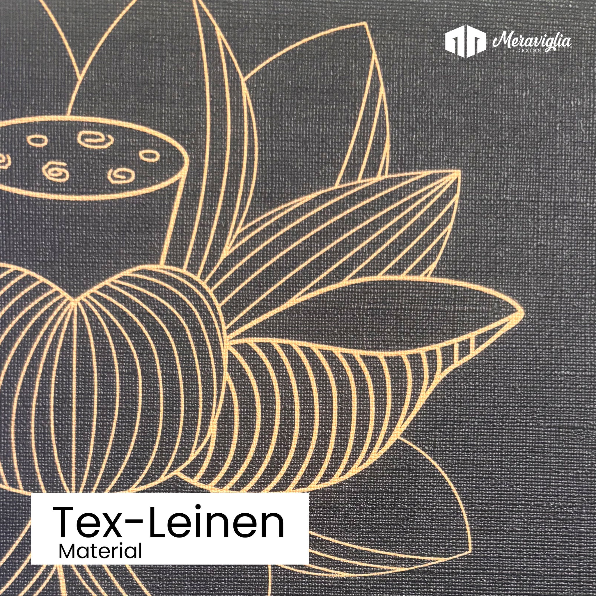 schwarze Tapete auf Material Tex-Leinen mit Lotusblüten goldfarben