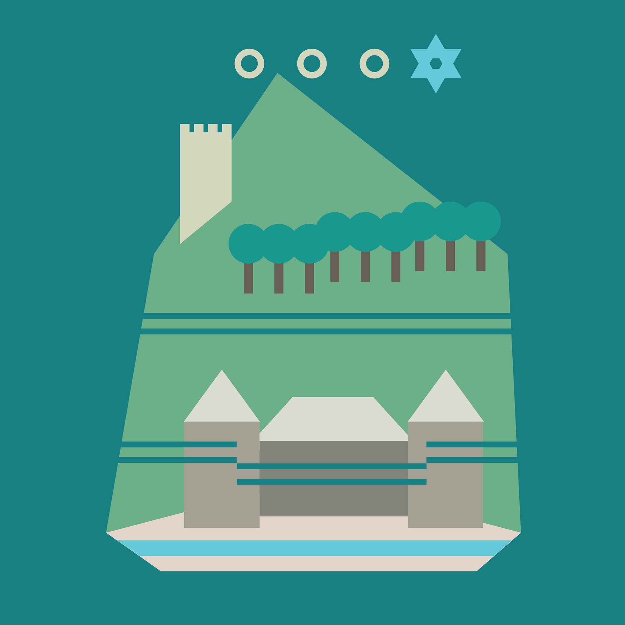 Premium-Tapete Hohenems Moments – Illustration mit Palast, Alt-Ems & Schlosscafé