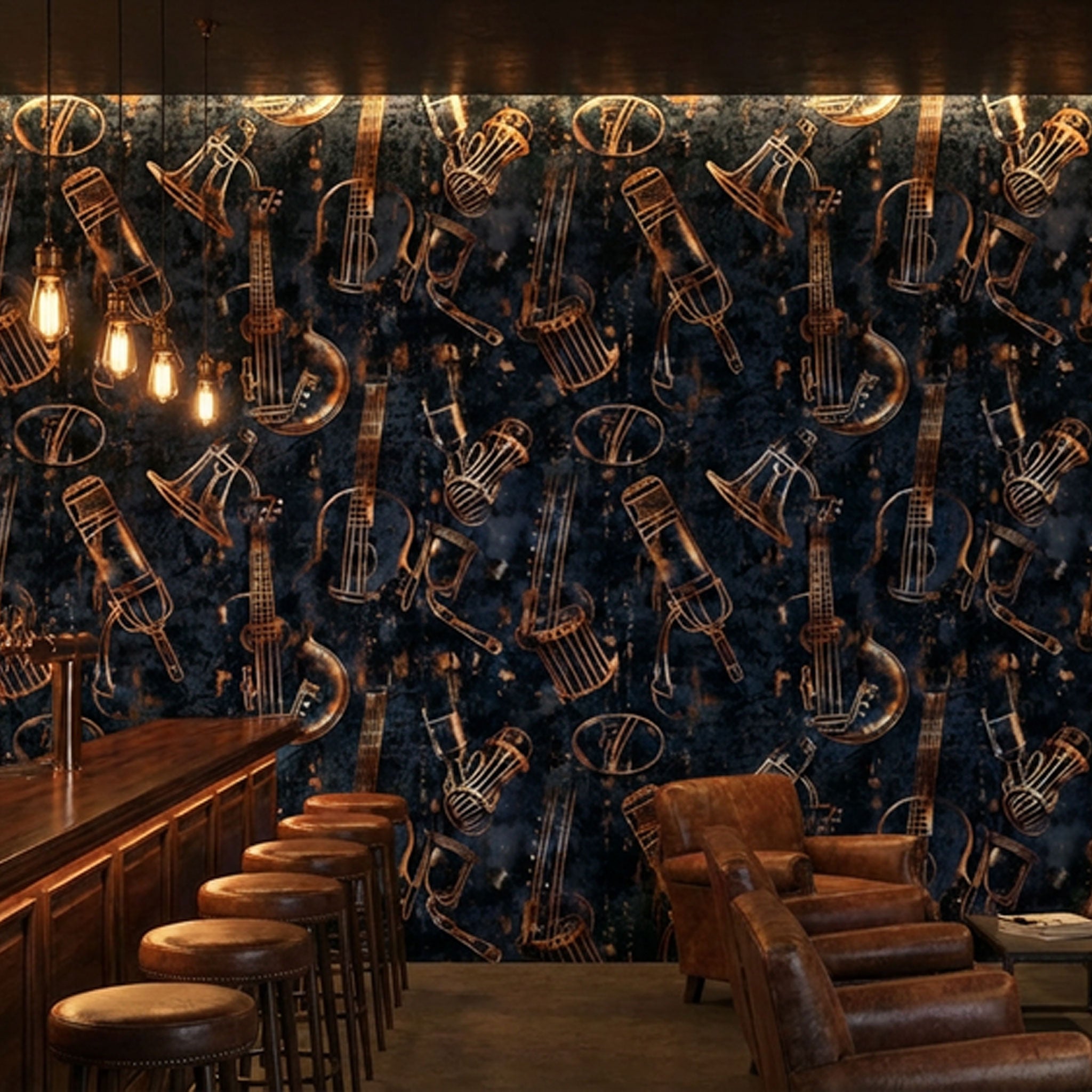 dunkelblaue Tapete mit Gitarren in Bar
