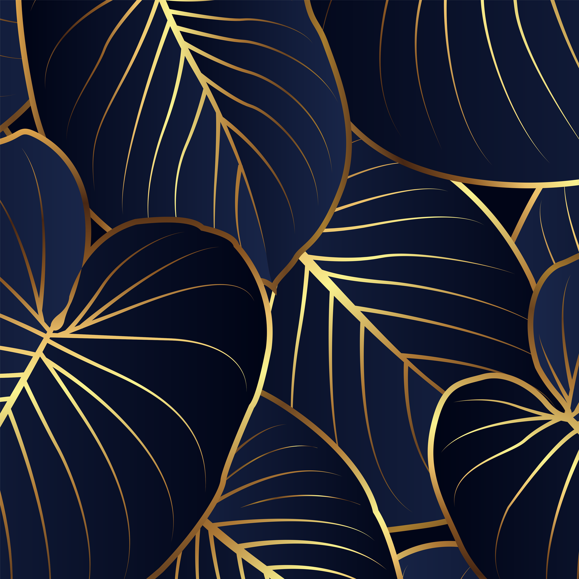 Midnight Botanica Tapete – Dunkelblaue Blätter mit goldenen Konturen