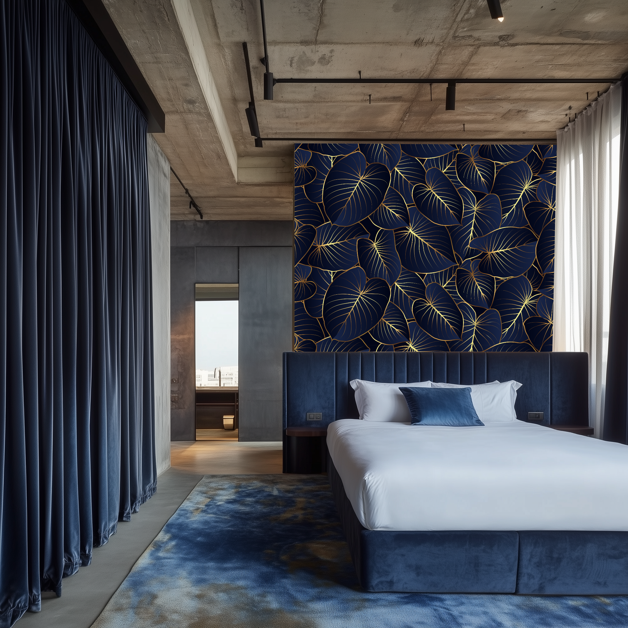 Midnight Botanica Tapete Wohnzimmer dunkelblau gold Dschungel Muster