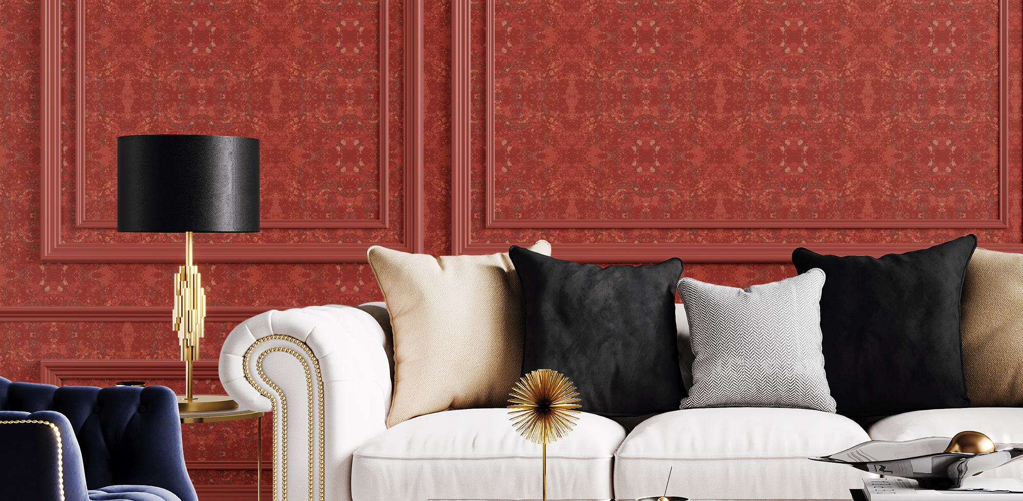 Rote Tapete mit Muster in Wohnzimmer