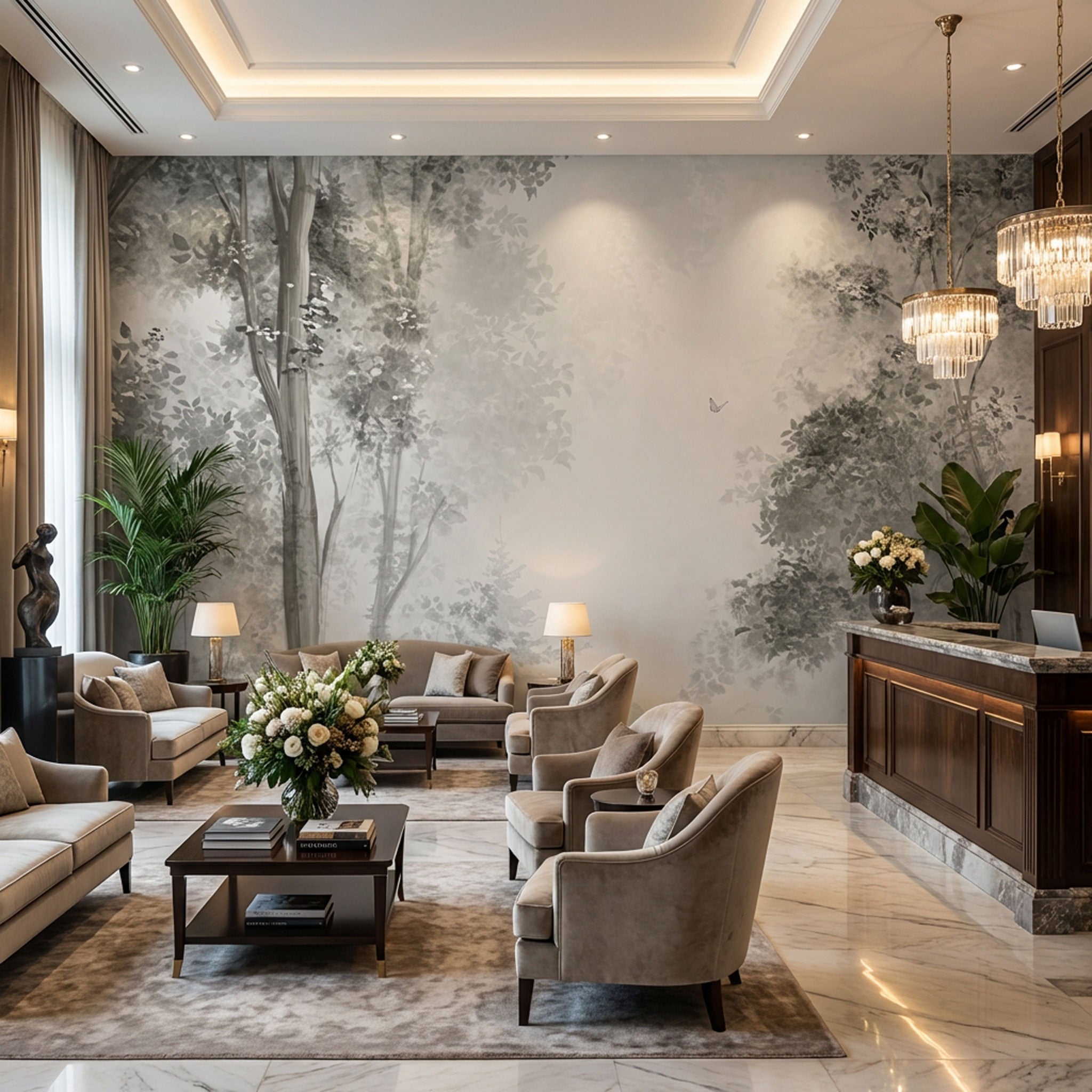 Tapete mit Bäumen und Schmetterlingen in grau-beige Farbtönen in Hotellobby