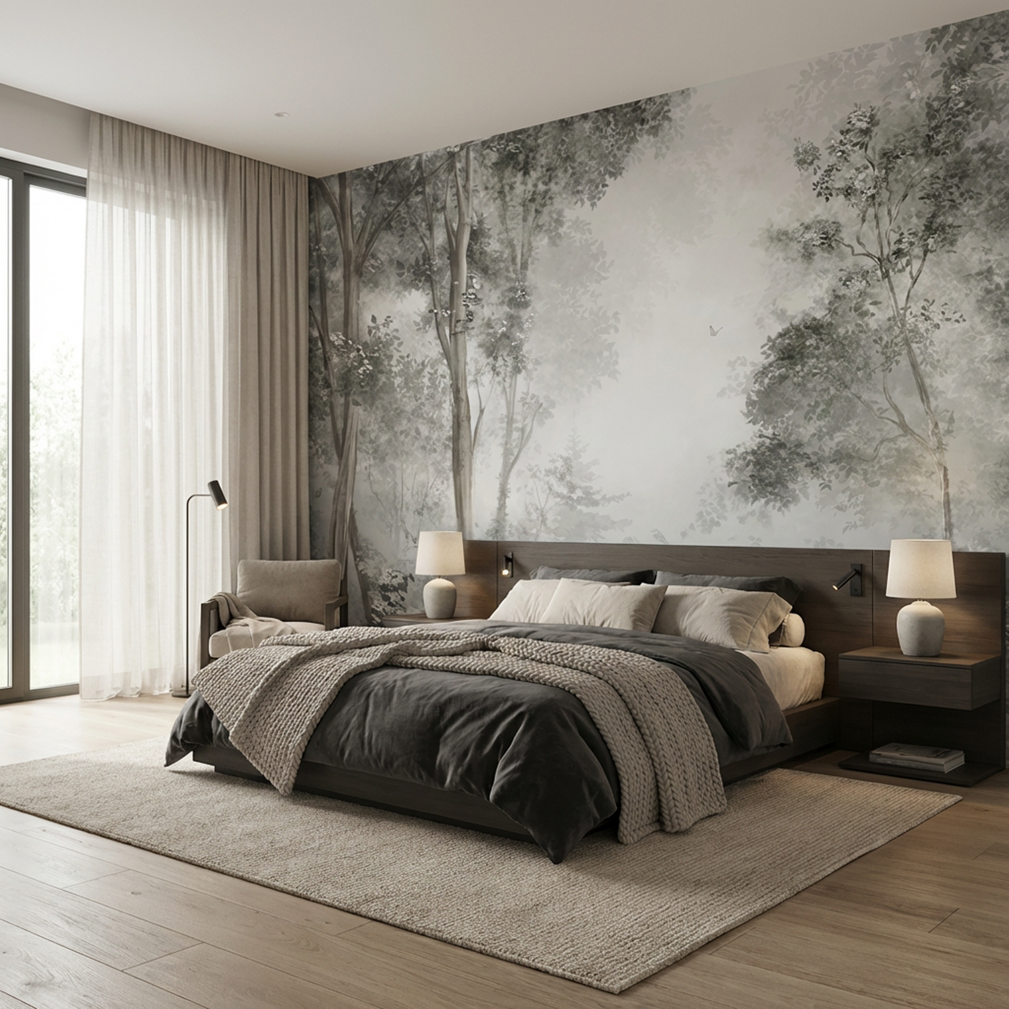 Tapete mit Wald in grün-grau Tönen in Schlafzimmer