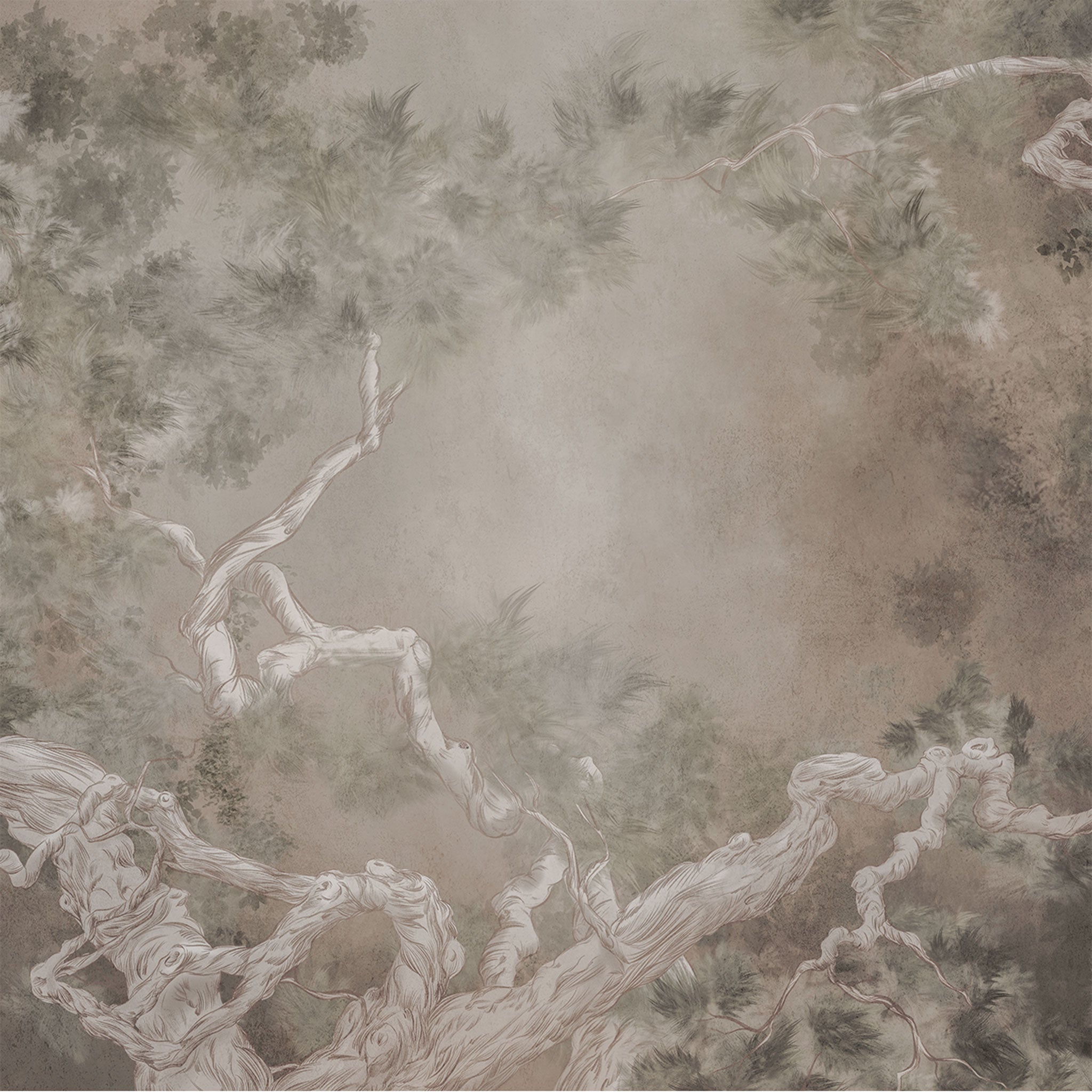 beige Tapete mit Bäumen mystisch Detailansicht