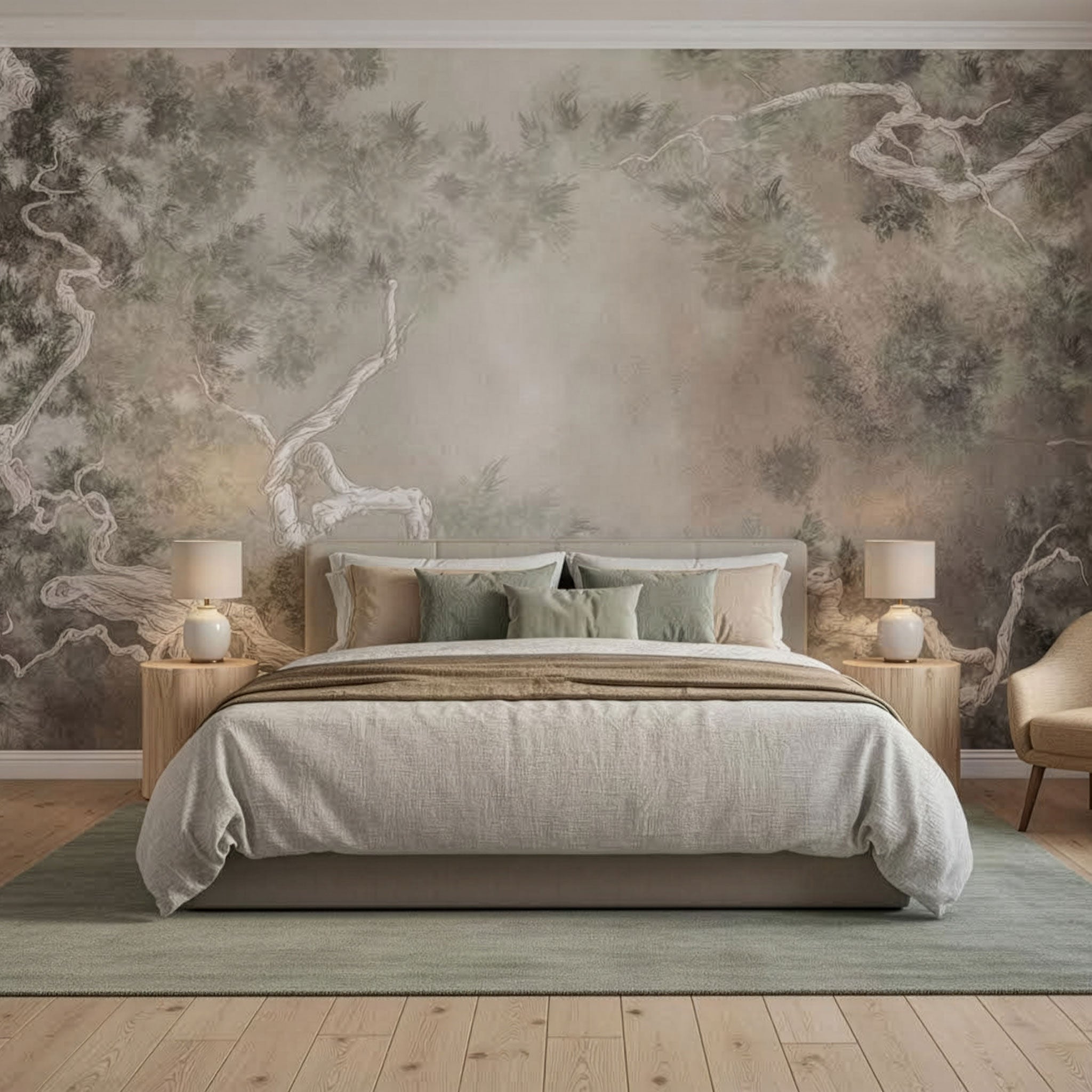 beige Tapete mit Bäumen mystisch in Schlafzimmer mit Doppelbett davor