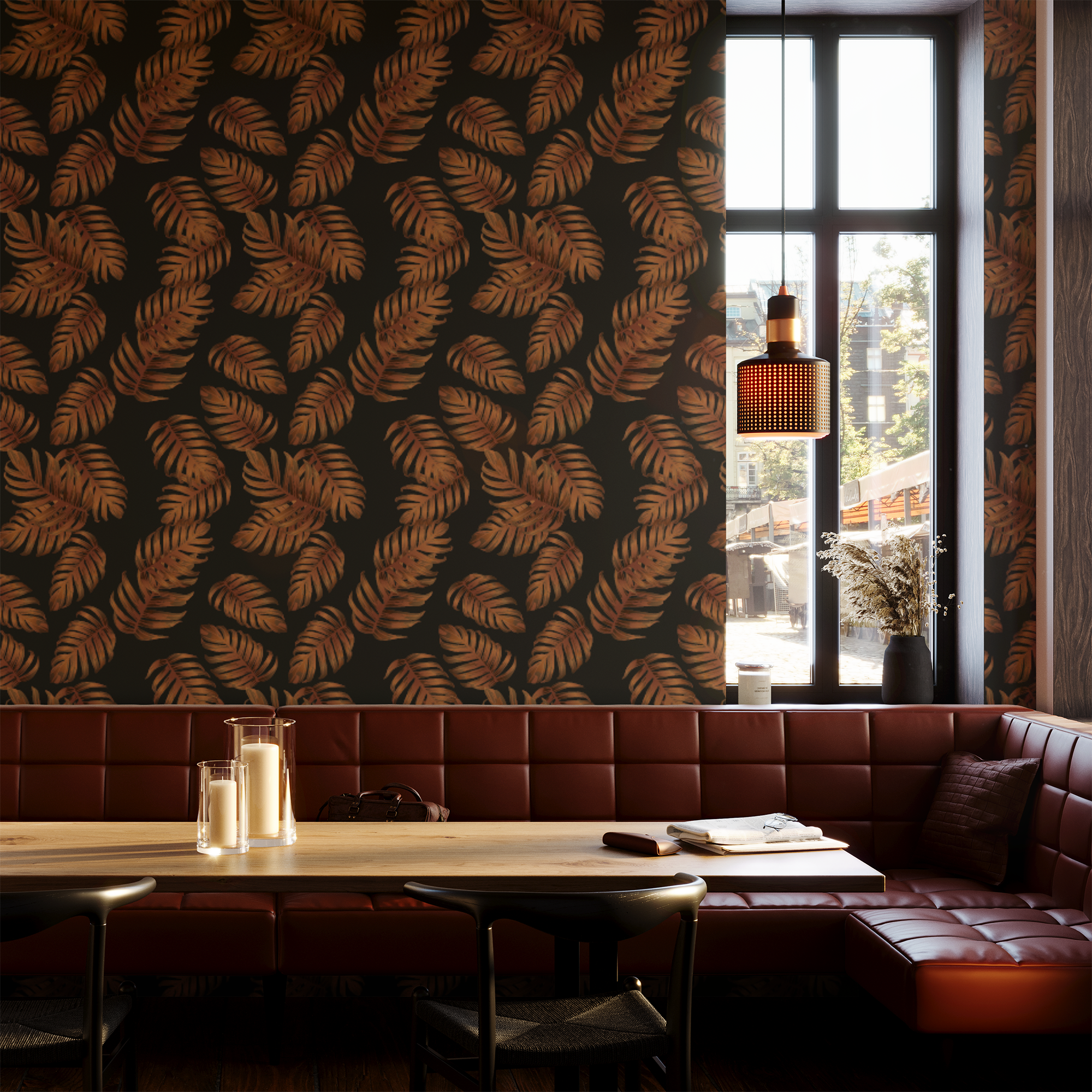 Tropical Noir Tapete schwarze tropische Blätter elegantes Design Restaurant