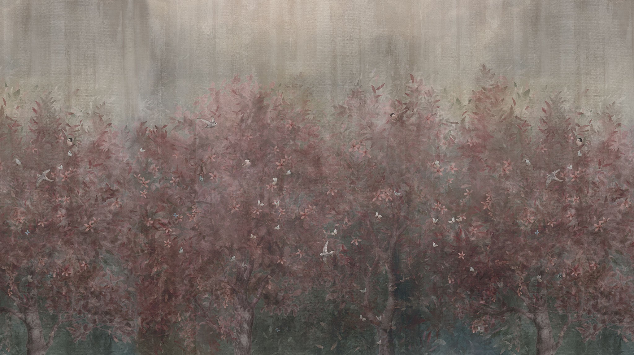 Tapet mit floralem Muster mystisch in grautönen mit Pink ganzes Bild