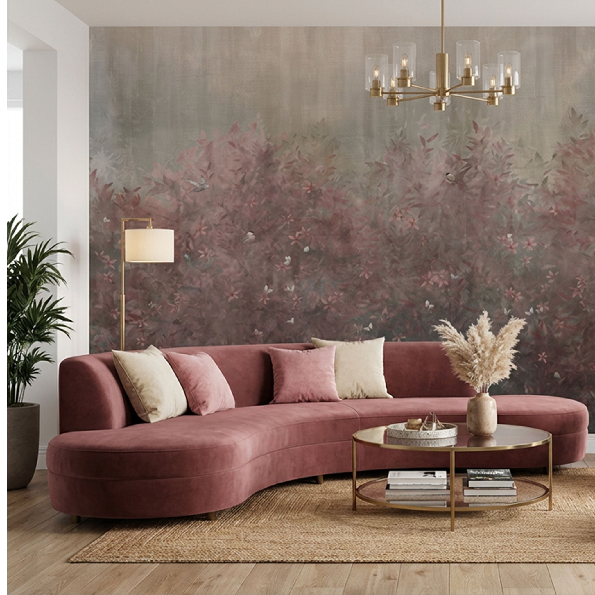 Wohnzimmer mit floraler mystischer Tapete in grau pink