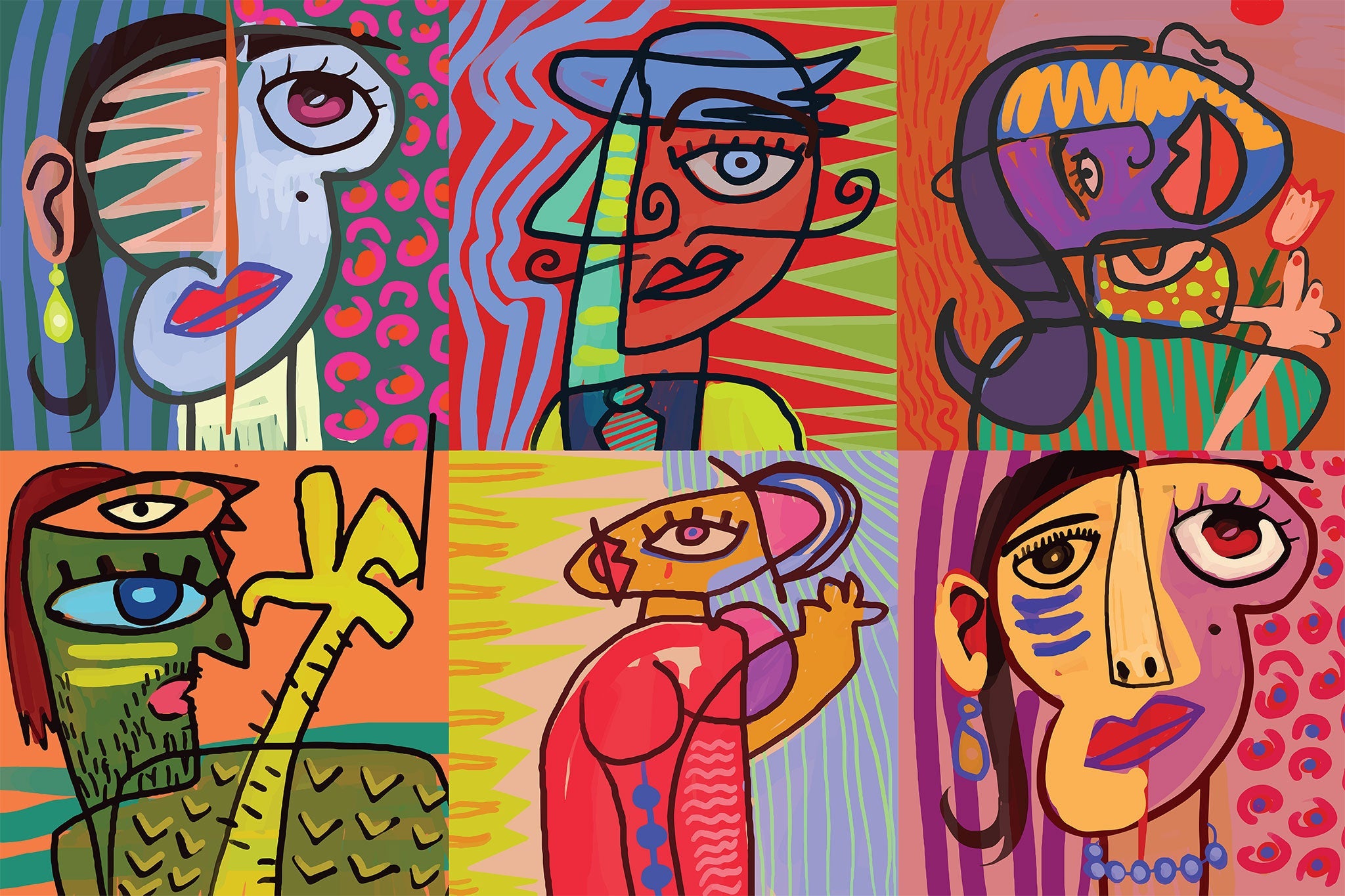 Vector Faces Tapete – Kubistische Porträts im grafischen Vektorstil