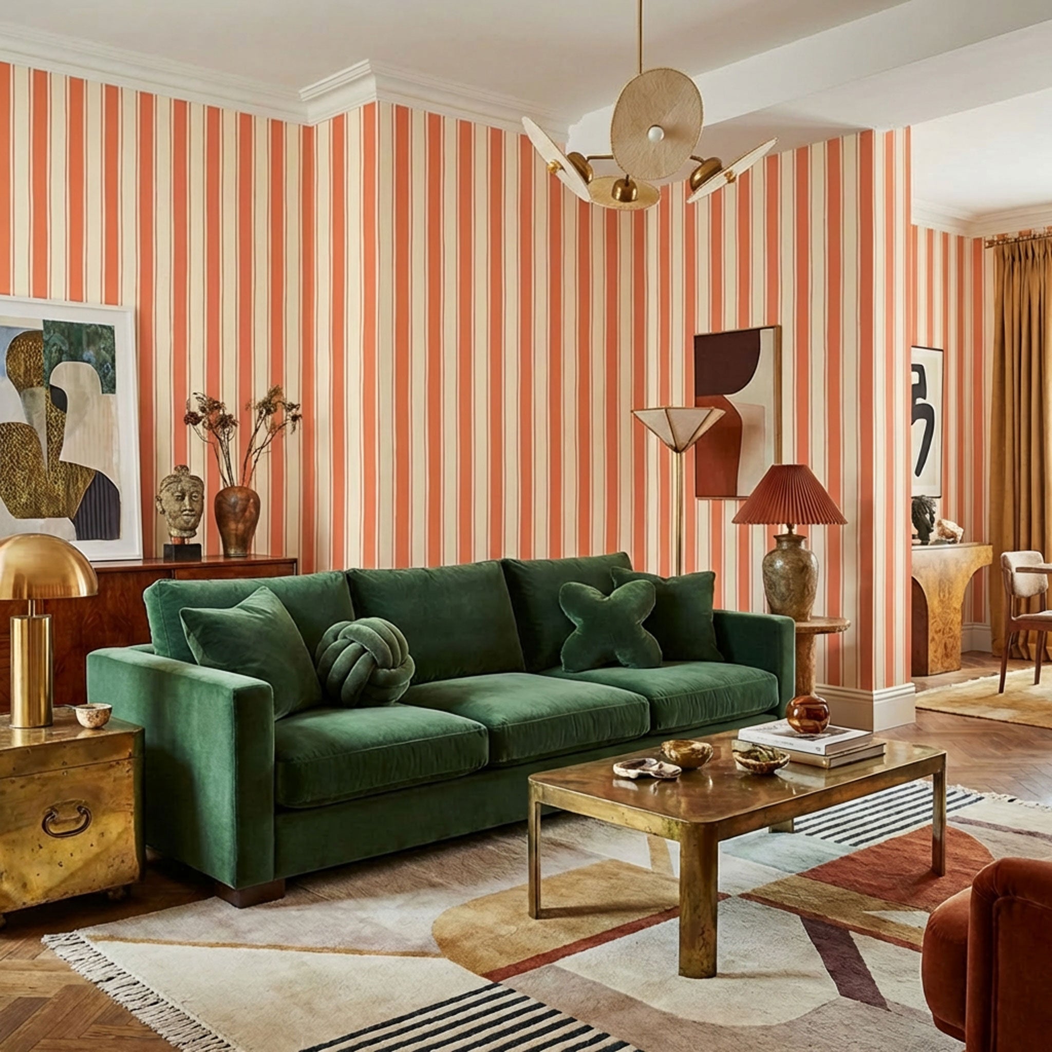 Wohnzimmer mit grünem Sofa und einer Streifentapete