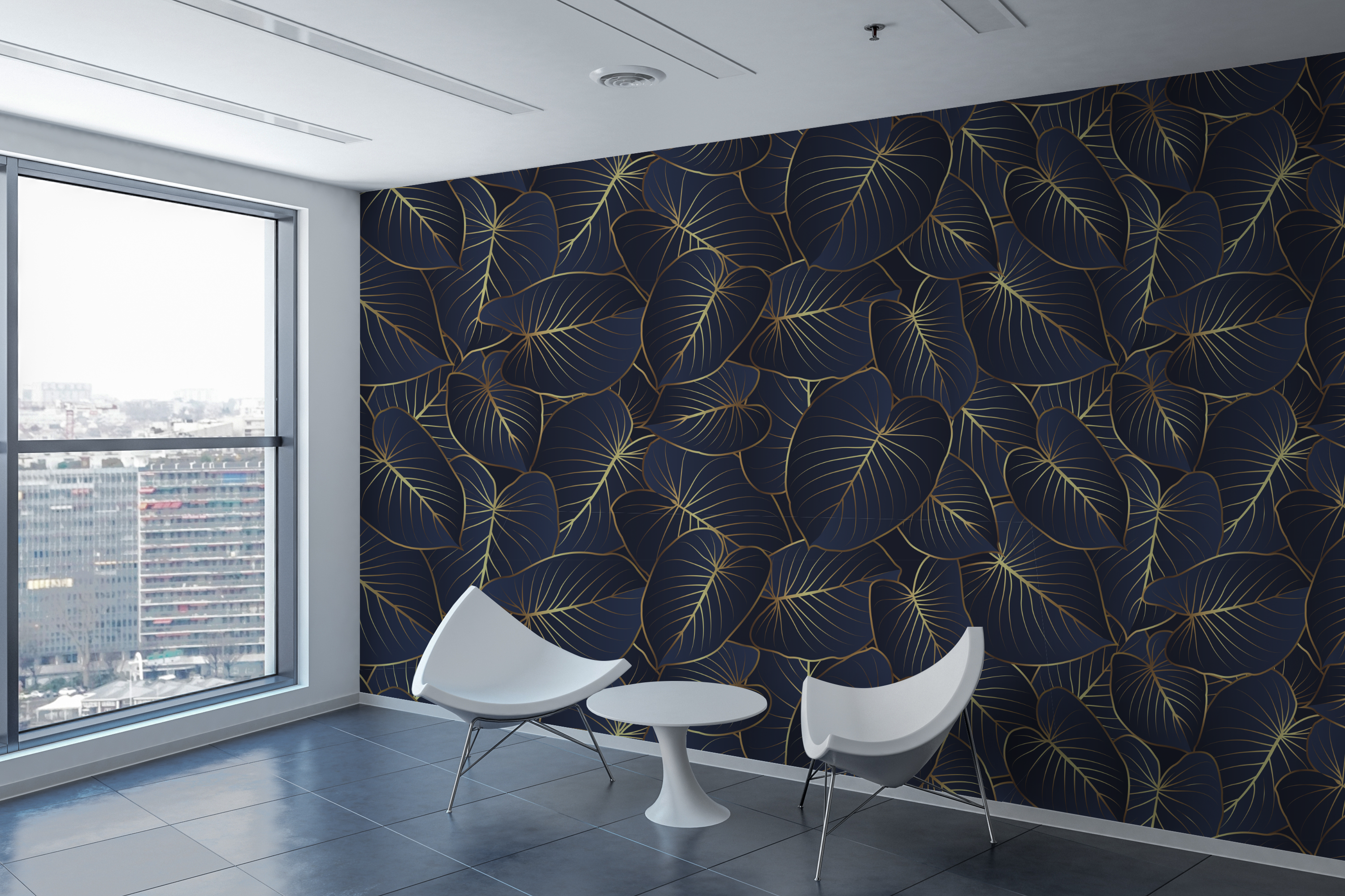 Tapete mit grossen Blättern in Blau mit goldfarbener Umrandung in Wartezimmer