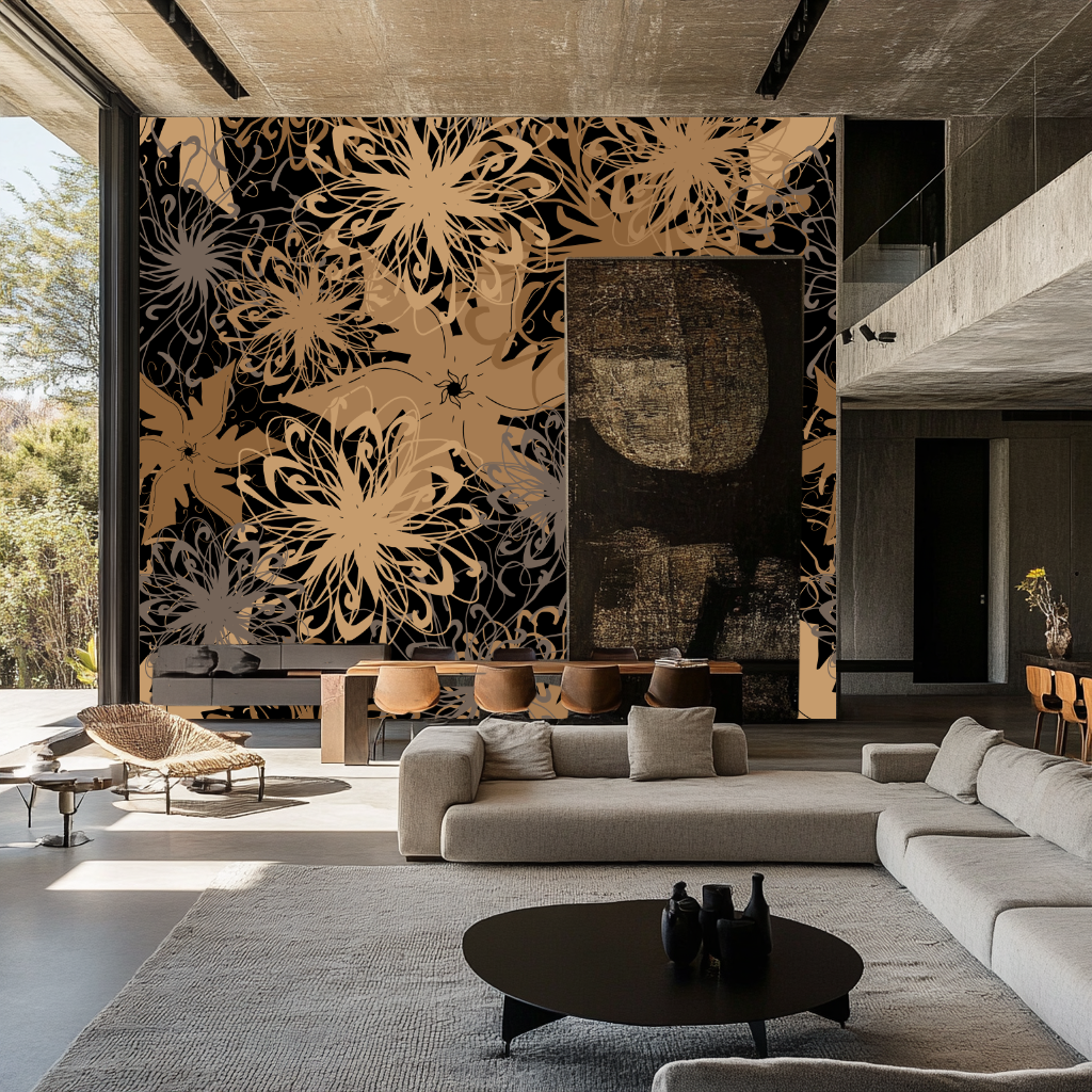 Schwarz-Goldfarbene Tapete mit grossem Blumenmuster in modernem Wohnzimmer