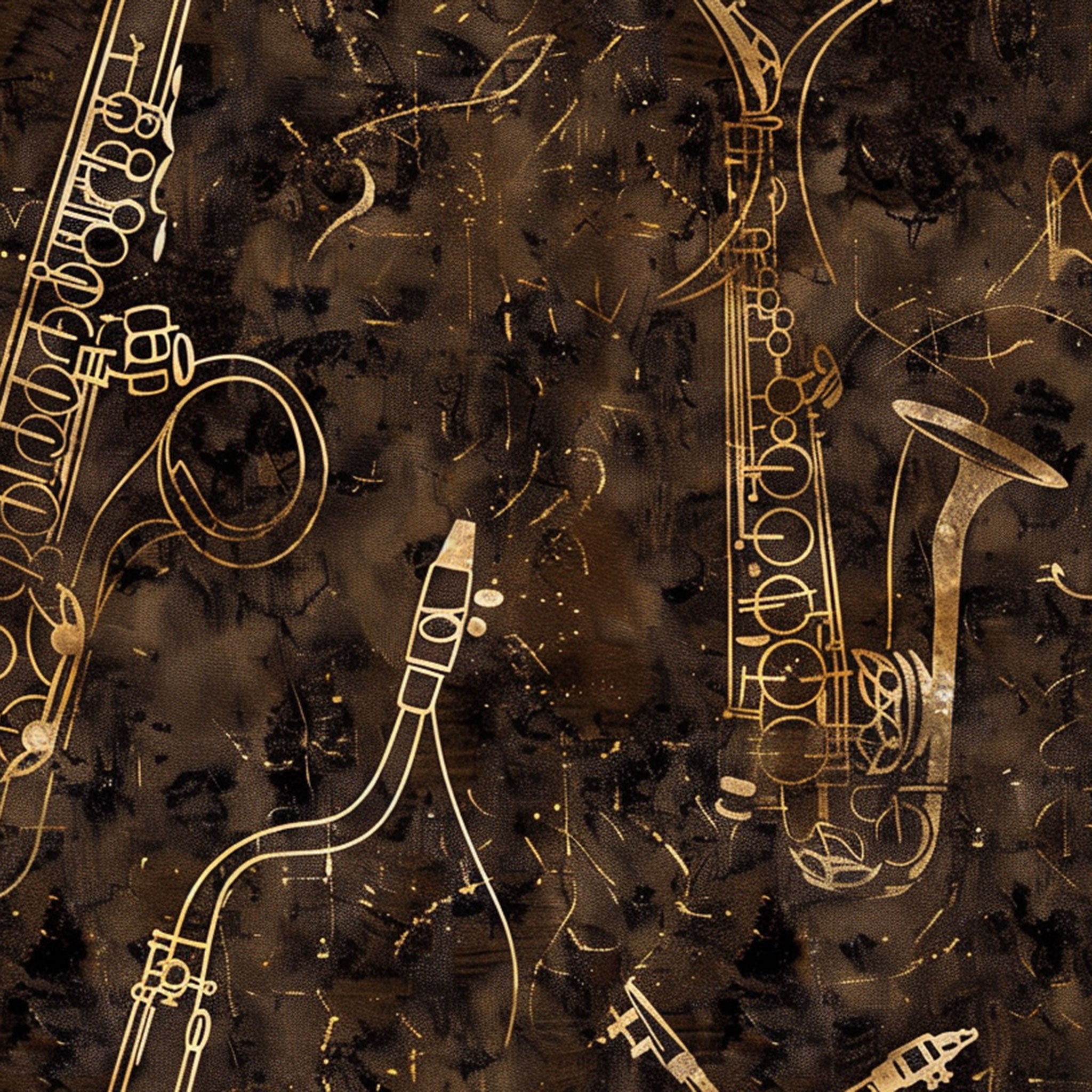 Tapete mit Musikinstrumenten vor braunem Hintergrund