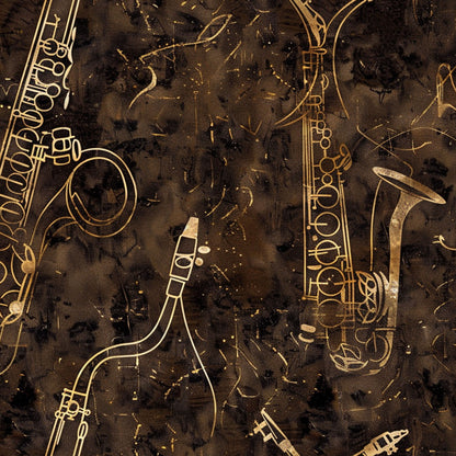 Tapete mit Musikinstrumenten vor braunem Hintergrund