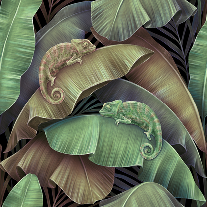 Chamäleon Verde Tapete – Tropisches Blätterdesign mit Chamäleons