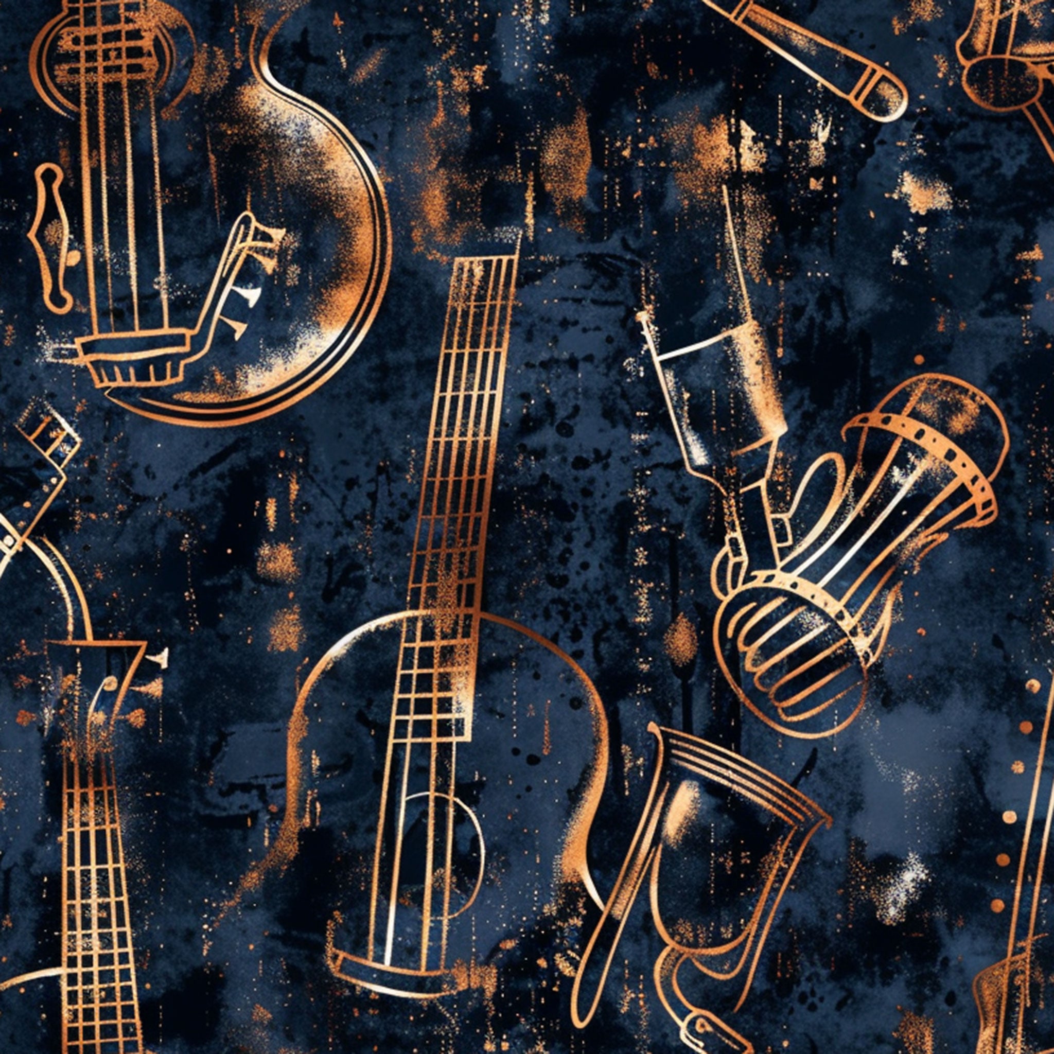 details dunkelblaue Tapete mit Musikinstrumenten