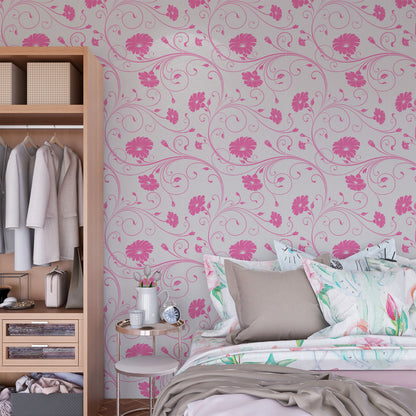 rosa Blumentapete in Schlafzimmer
