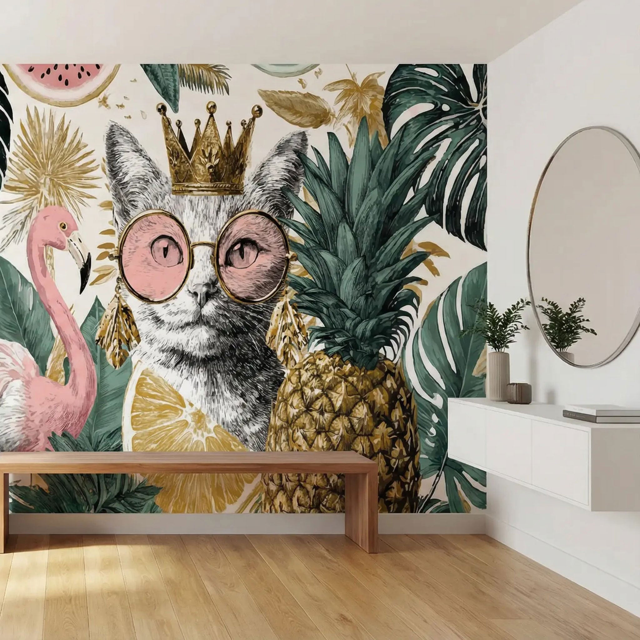 Tapete Summer Queen in Flur mit Katze, Ananas und Flamingo 