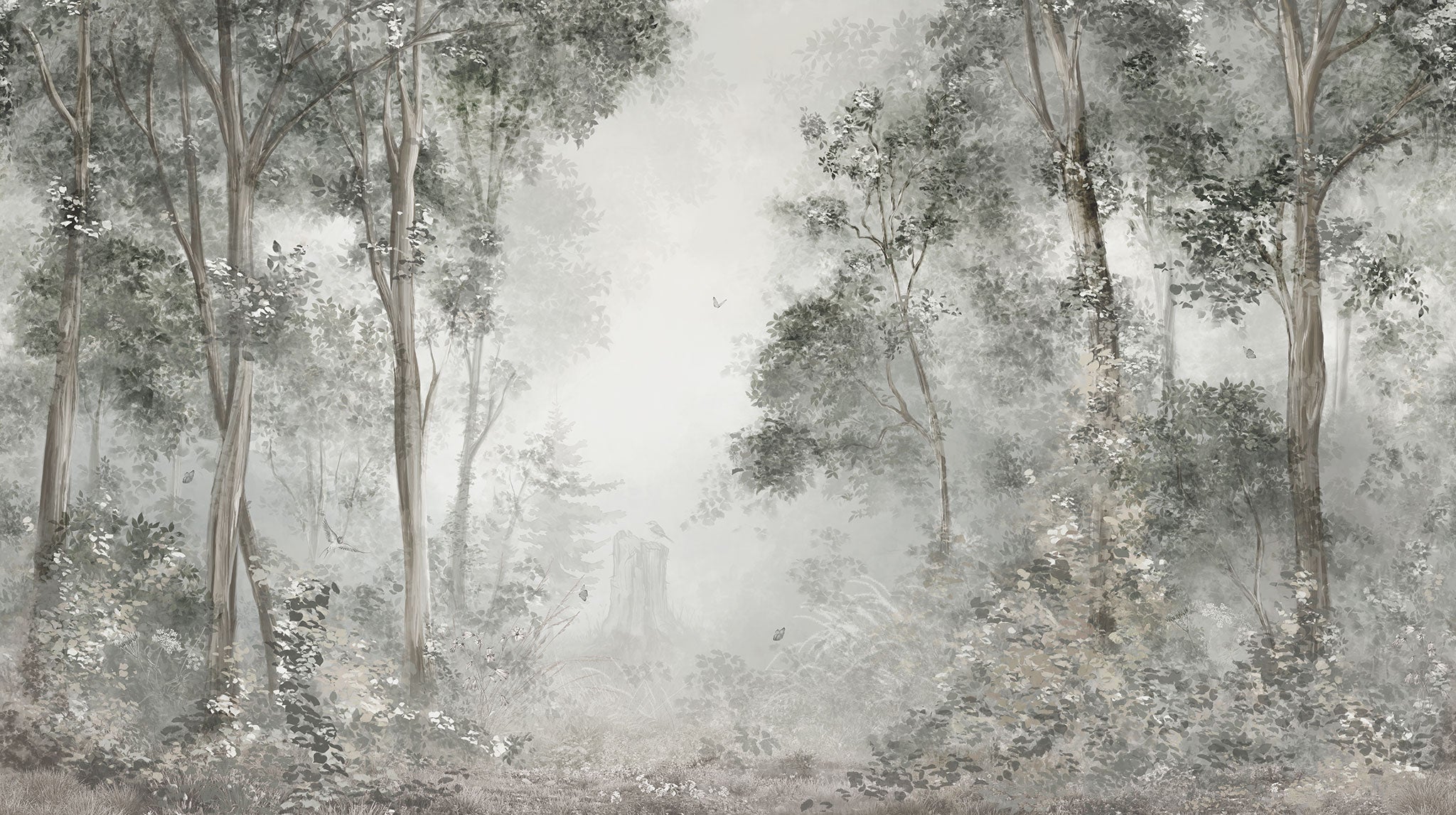 Tapete Sylvan Veil mit Wald und Illustrationen wie Schmetterling und Vogel