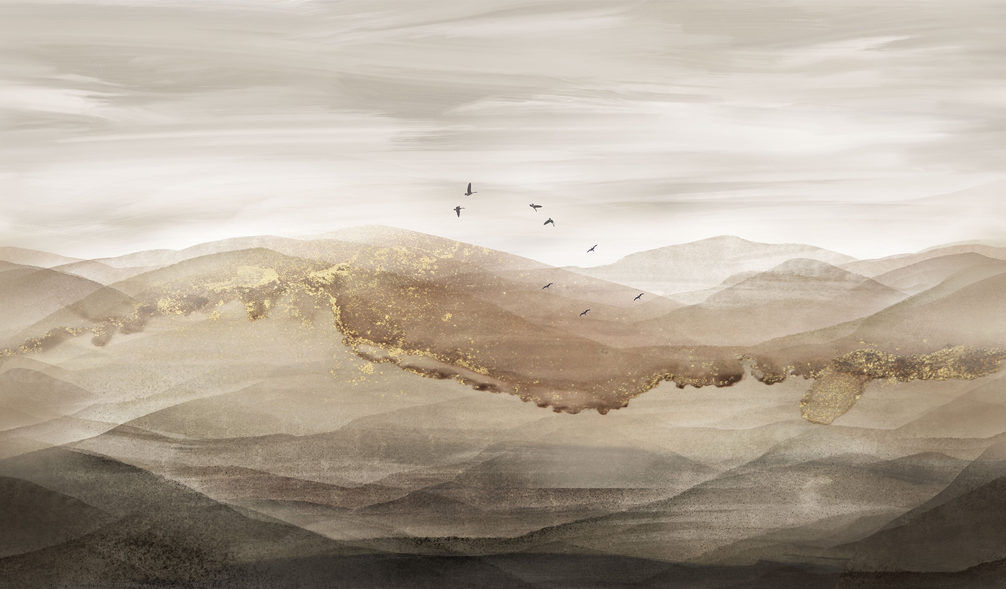 Tapete mit Vögeln und Landschaft in beige-sand-Tönen und Goldakzenten