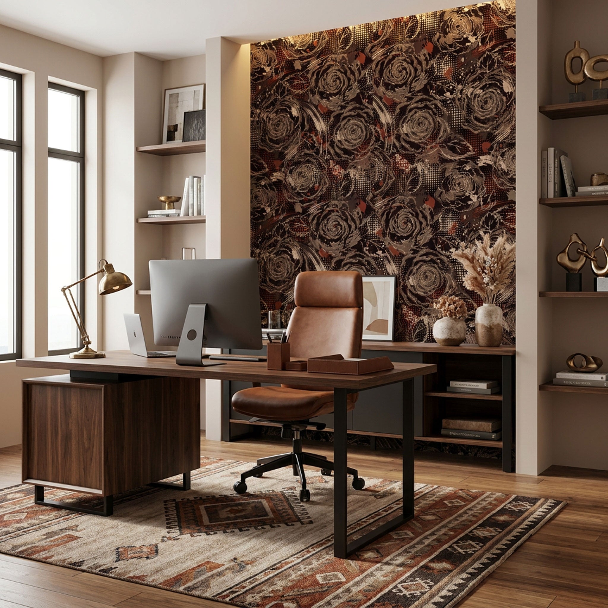 wohnliches Büro mit Blumentapete in schwarz rot beige