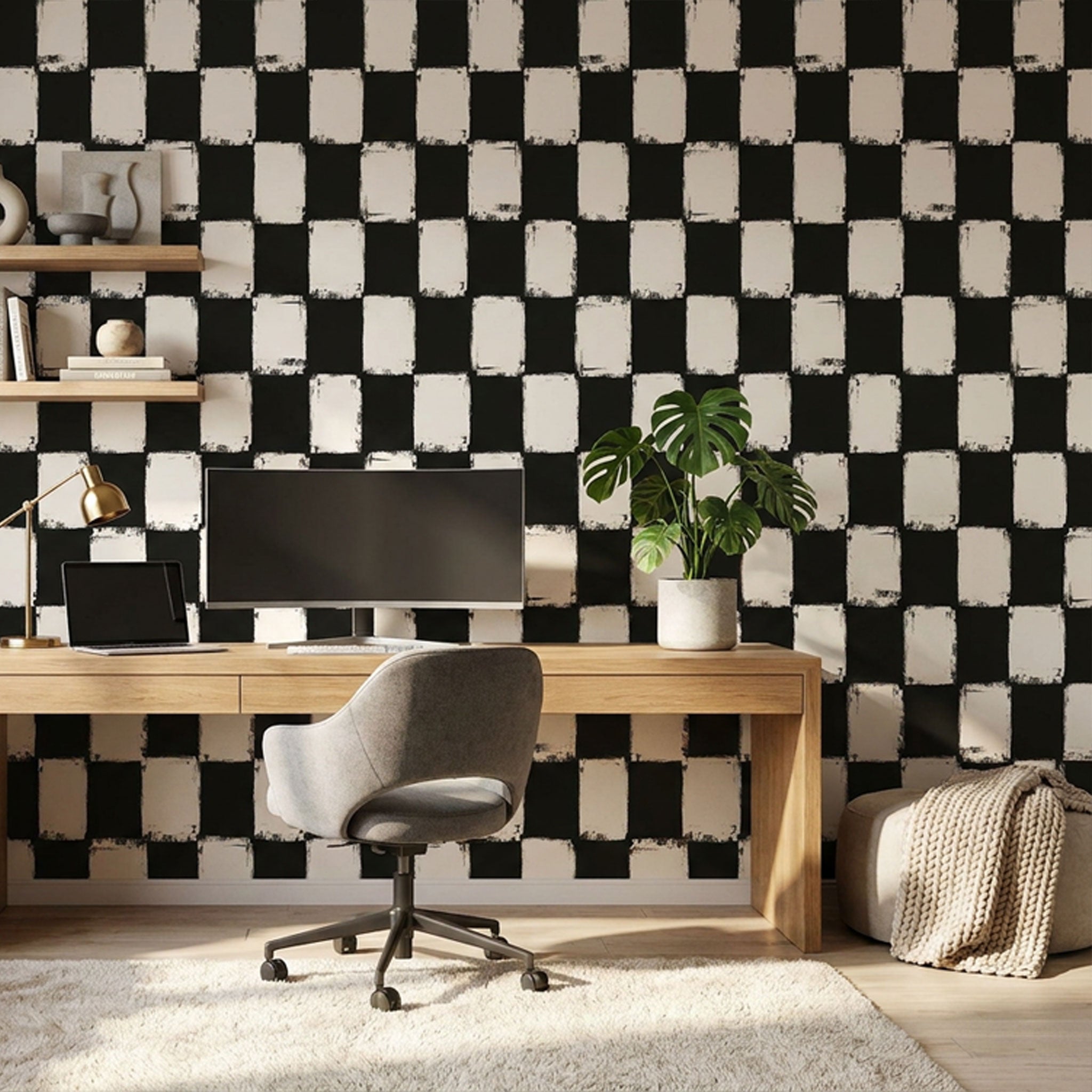 schwarz weiss gemusterte tapete in home office