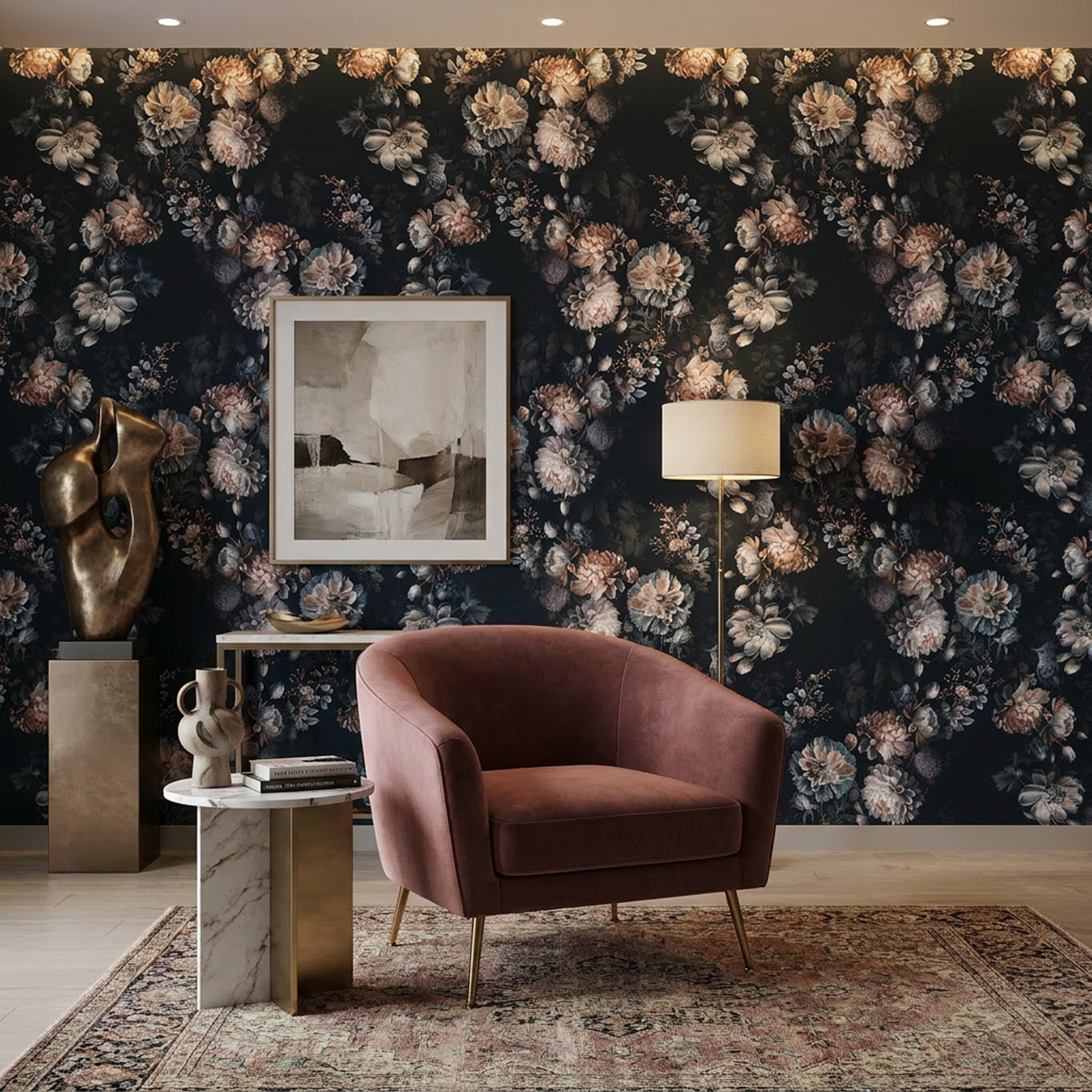 hotellobby mit dunkelblauer tapete an der wand mit blumen und vögel