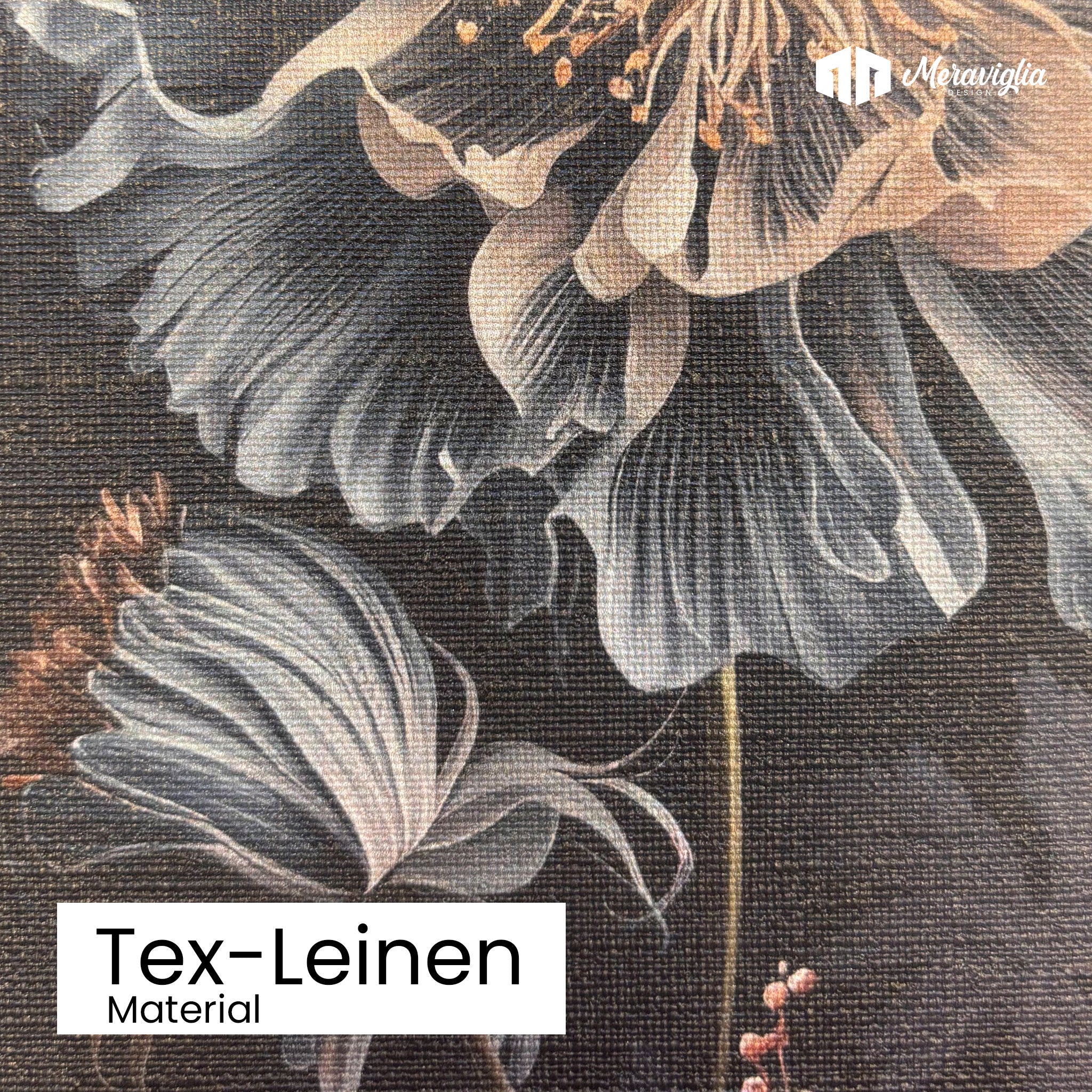 dunkle Tapete mit farbigen Blüten auf Material Tex-Leinen