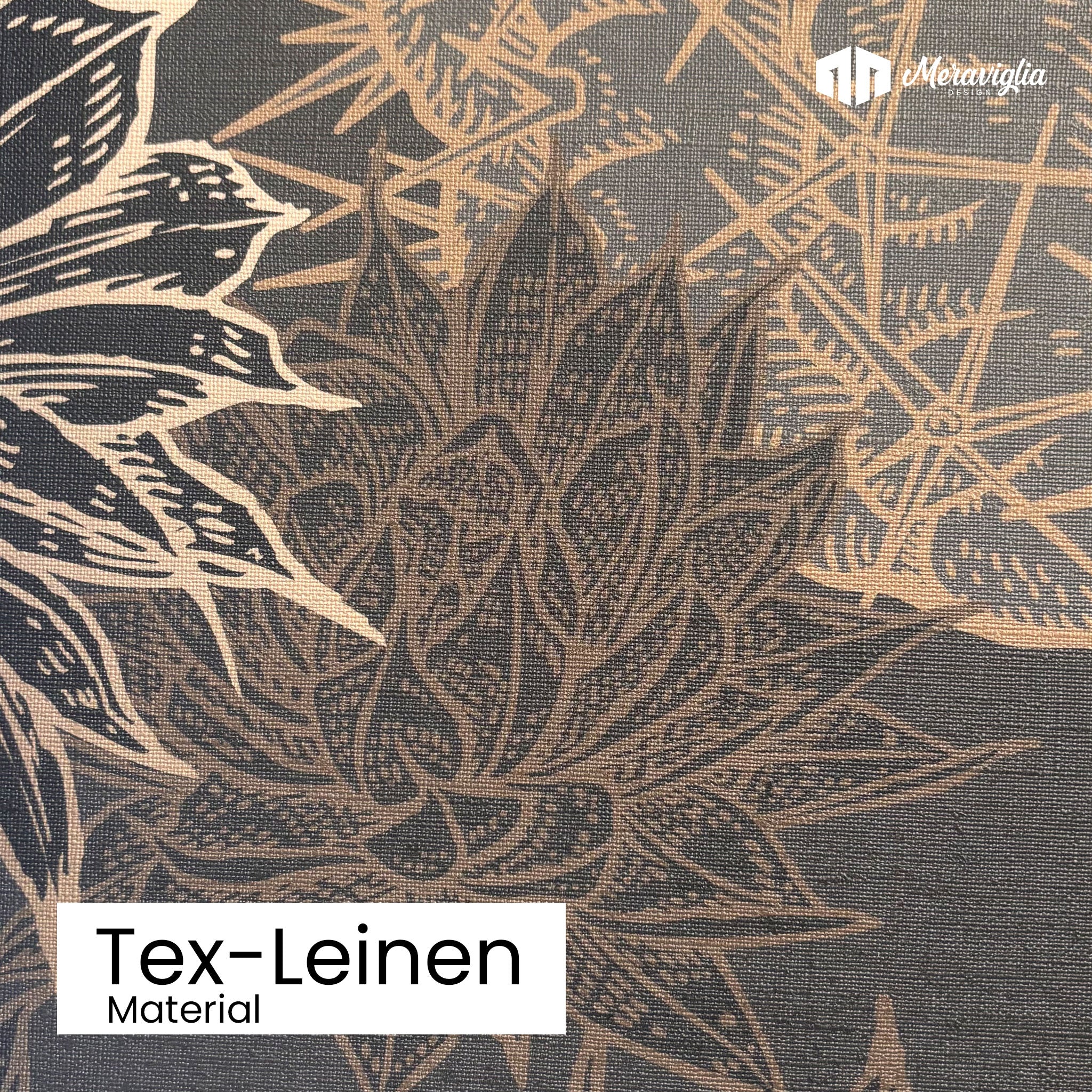 schwarze Tapete mit weiss-goldfarbenen Kakteen in Material mit Leinenstruktur