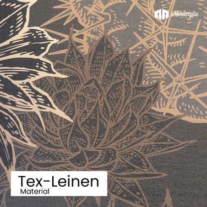 schwarze Tapete mit weiss-goldfarbenen Kakteen in Material mit Leinenstruktur