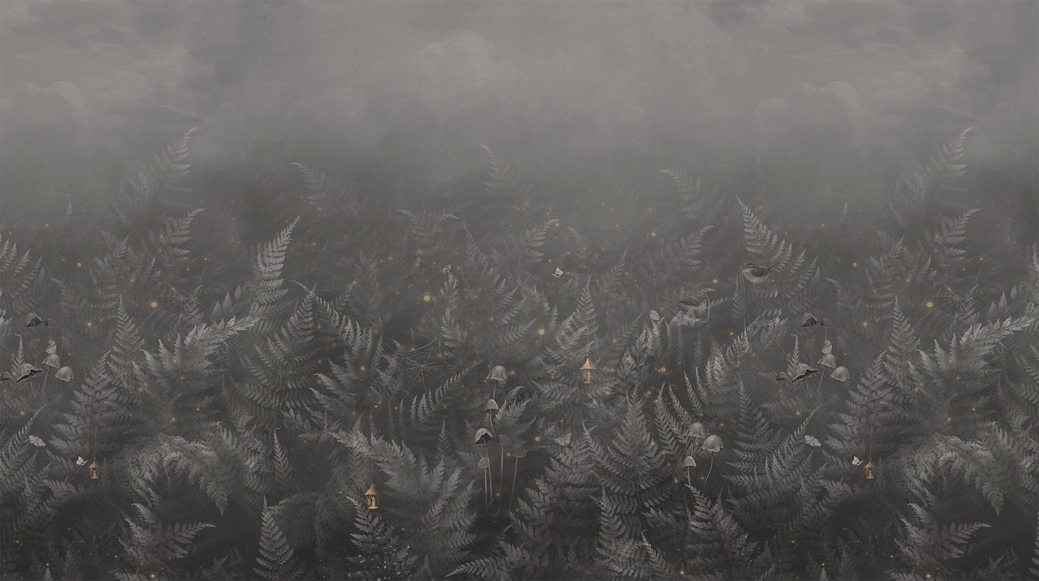 Tapete dunkler Wald mit mystischen Motiven und Pilzen Gesamtansicht