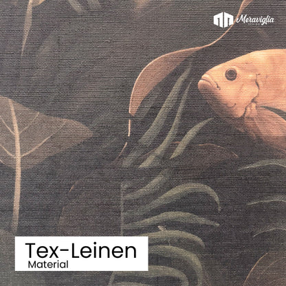 dunkle Tapete mit Fischen auf Material Tex-Leinen