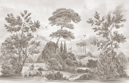 grau-beige Tapete Elysian Grove  mit idyllischer Landschaft, einem Pferd und Vögeln, mediterranes Ambiente