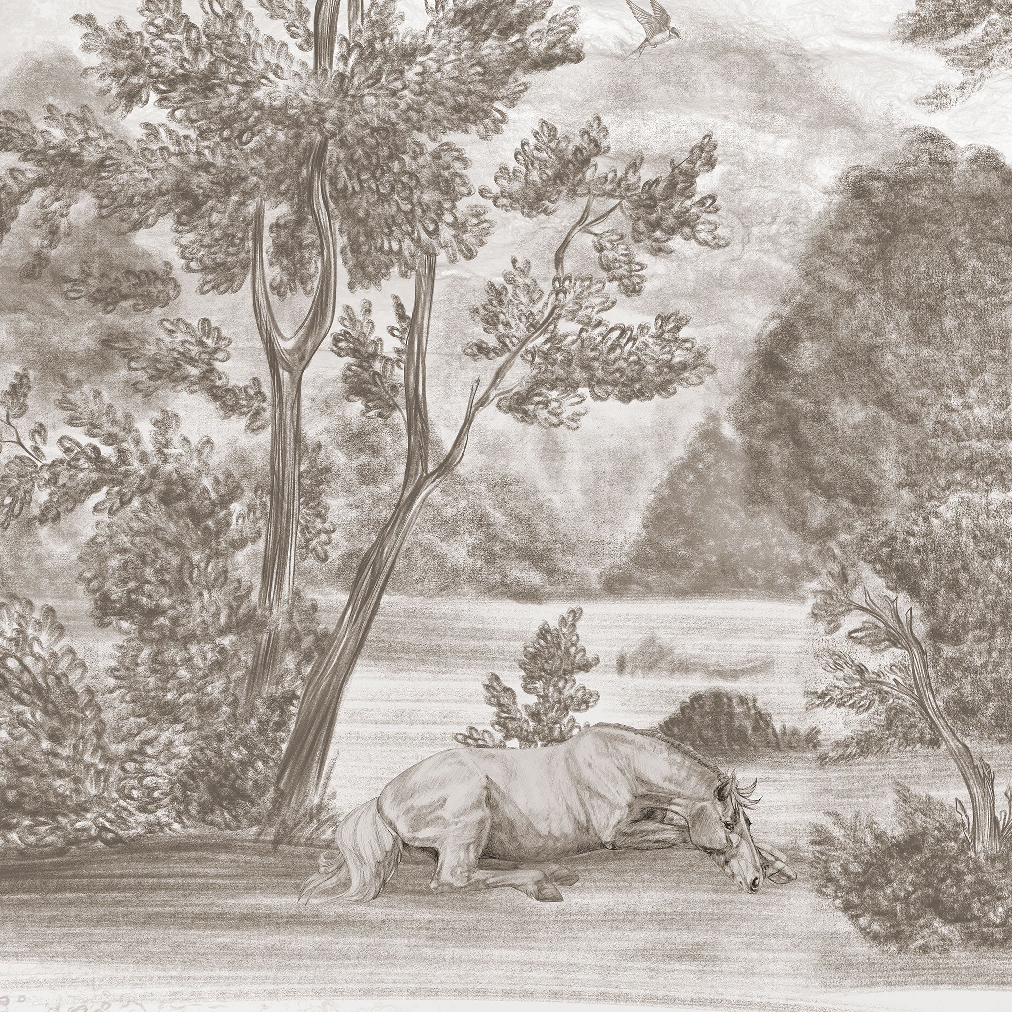 grau-beige Tapete Detailansicht mit Pferd und Bäumen