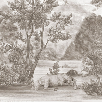 grau-beige Tapete Detailansicht mit Pferd und Bäumen