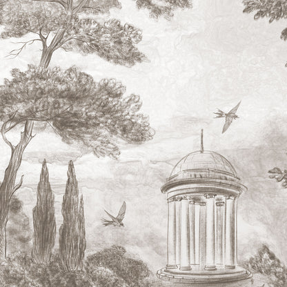grau-beige Tapete mit Detailansicht Pavillon und Vögel in idyllischer Landschaft