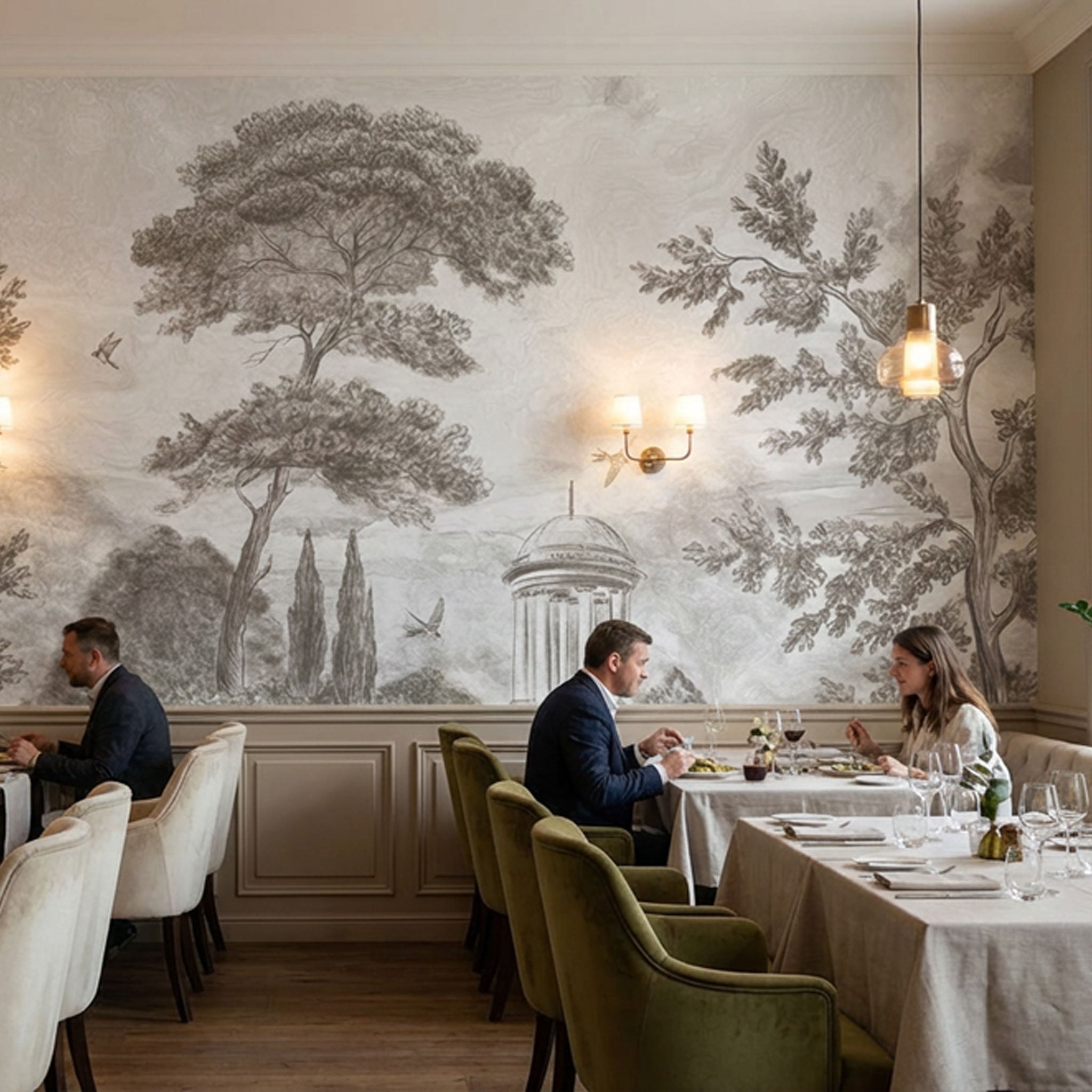 grau-beige Tapete mit idyllischer Landschaft in Speiserestaurant